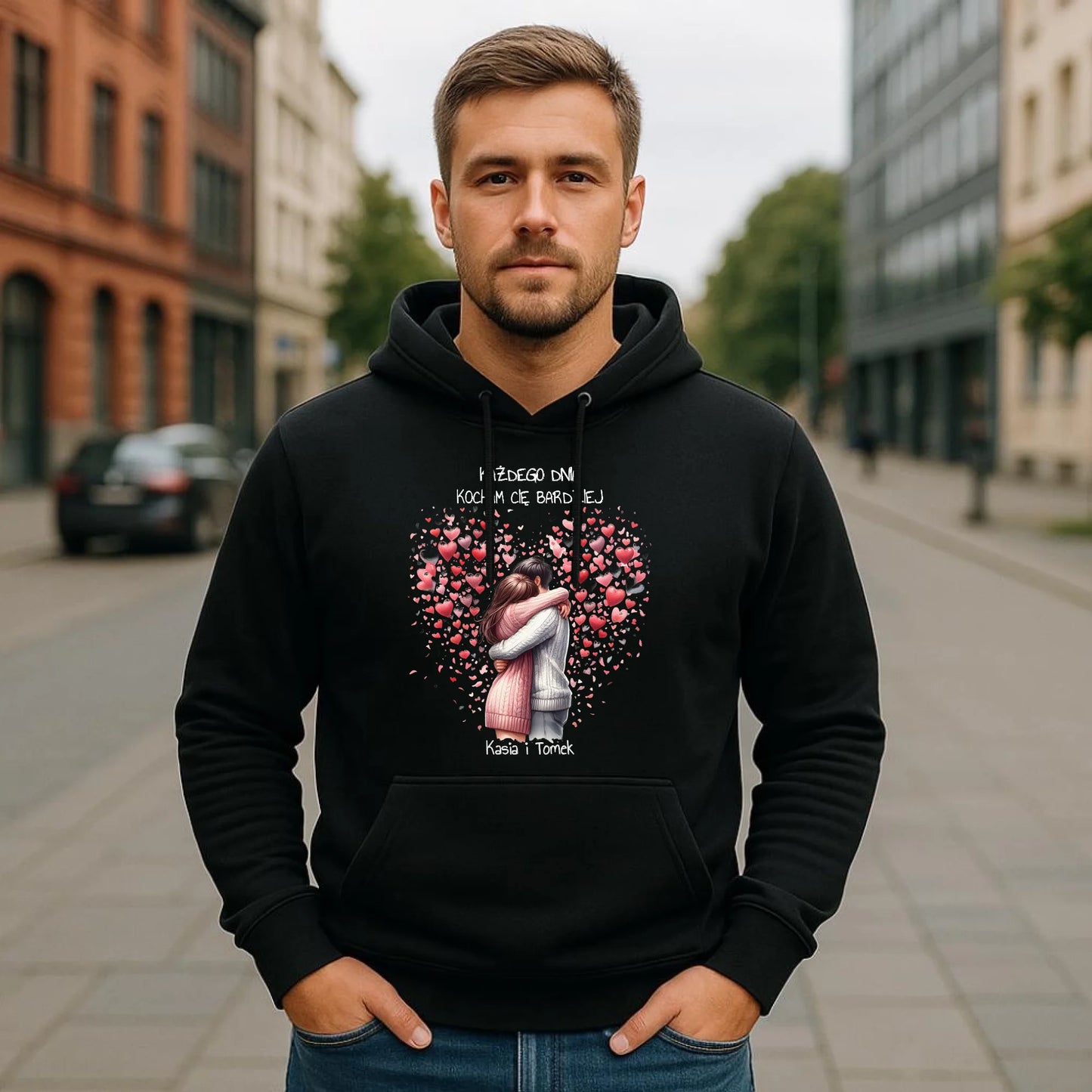 Bluza męska z kapturem dla par - prezent dla chłopaka - Kocham Cię - personalizowana W09 - StoryCups.pl
