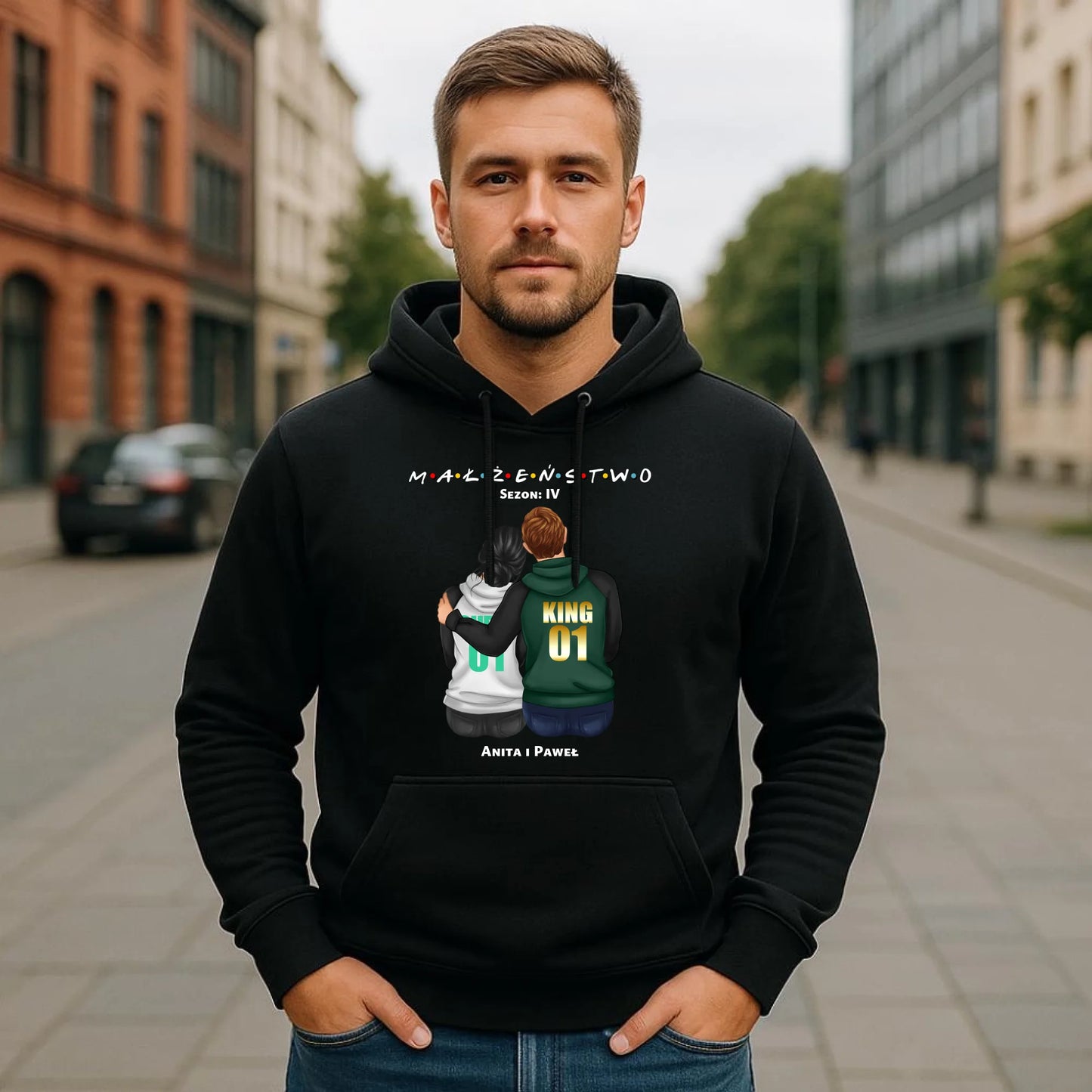 Bluza męska z kapturem dla par - personalizowany prezent dla męża na rocznicę ślubu – Małżeństwo W05 - StoryCups.pl