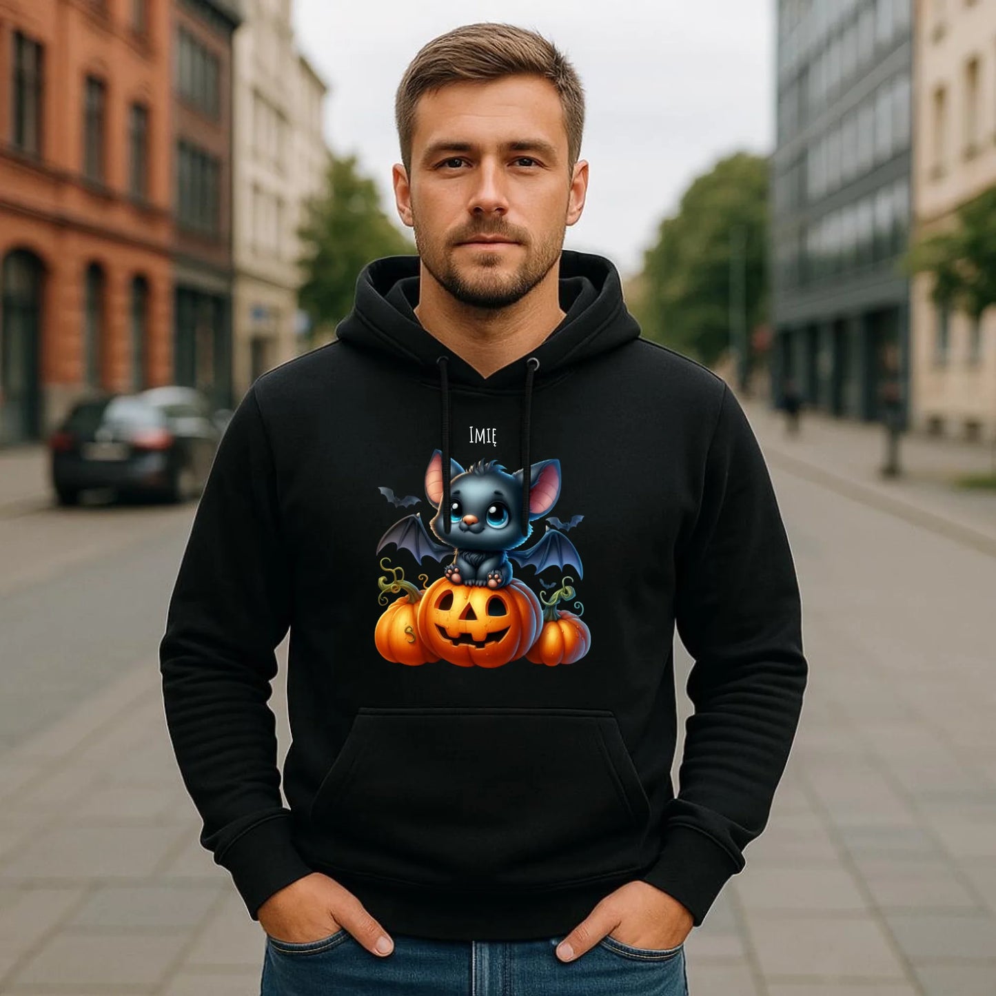 Bluza męska z kapturem halloweenowa - Słodki nietoperz z dynią - personalizowana HL09 - StoryCups.pl
