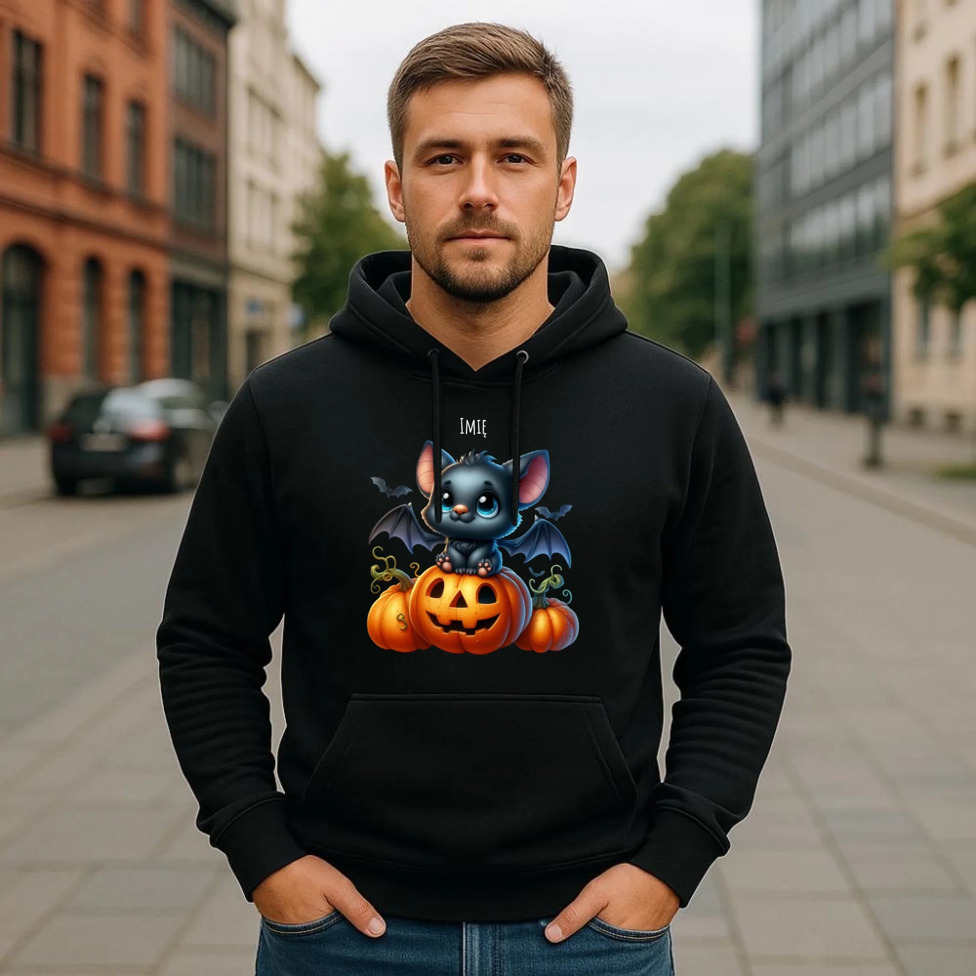 Bluza męska z kapturem halloweenowa - Słodki nietoperz z dynią - personalizowana HL09 - StoryCups.pl