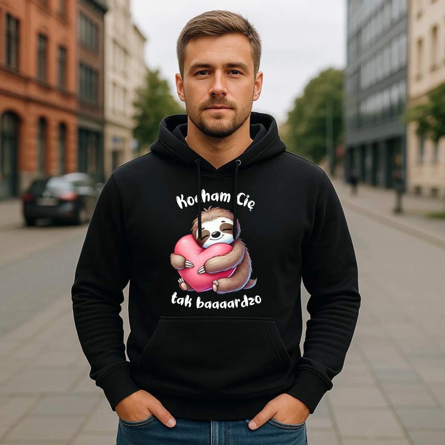 Bluza męska z kapturem - Leniwiec Kocham Cię tak baaaardzo W16 - StoryCups.pl