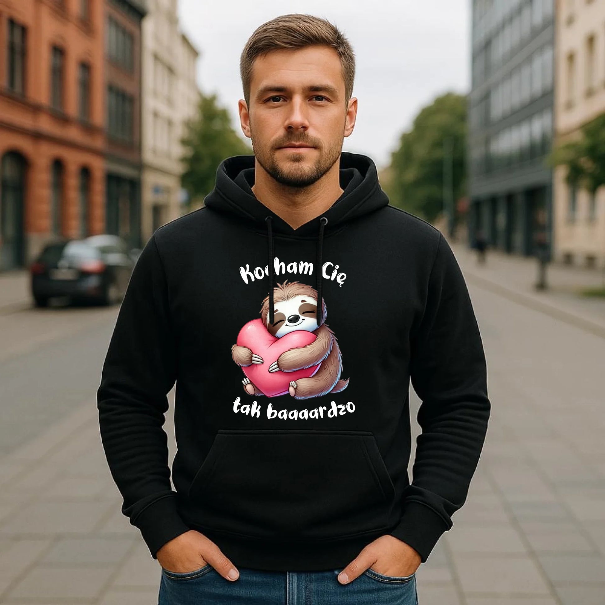 Bluza męska z kapturem - Leniwiec Kocham Cię tak baaaardzo W16 - StoryCups.pl