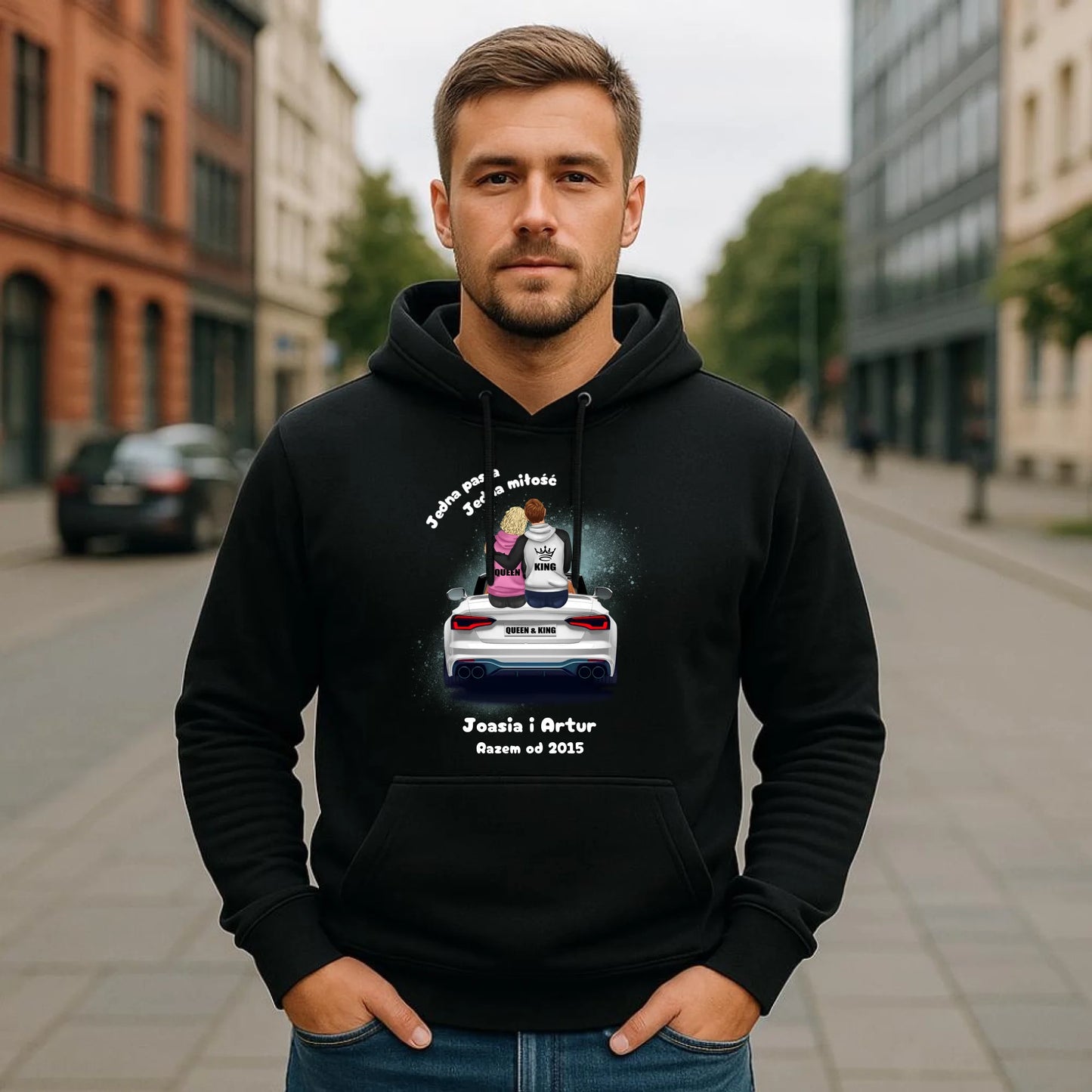 Bluza męska z kapturem dla par - personalizowany prezent dla chłopaka - Jedna miłość W06 - StoryCups.pl