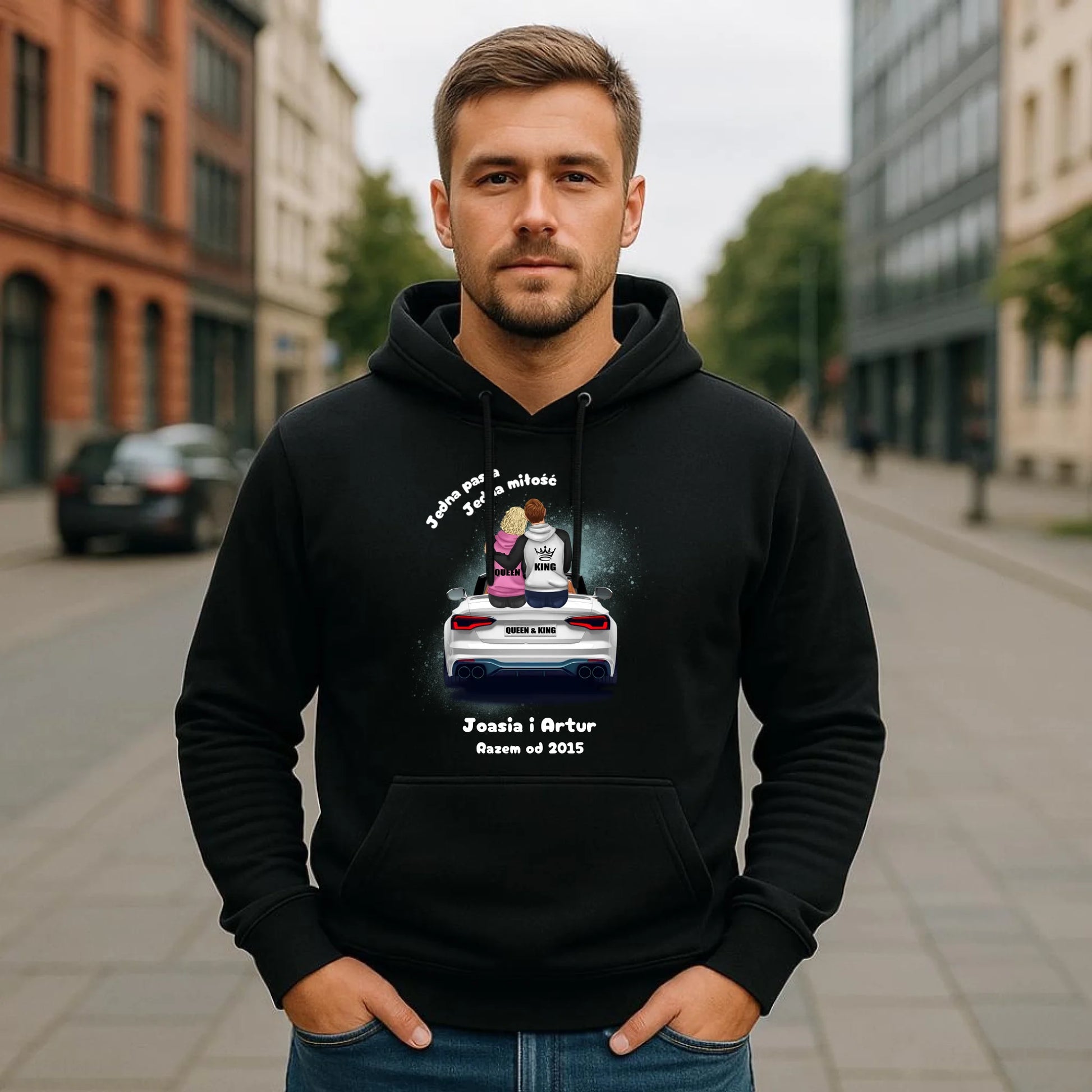 Bluza męska z kapturem dla par - personalizowany prezent dla chłopaka - Jedna miłość W06 - StoryCups.pl