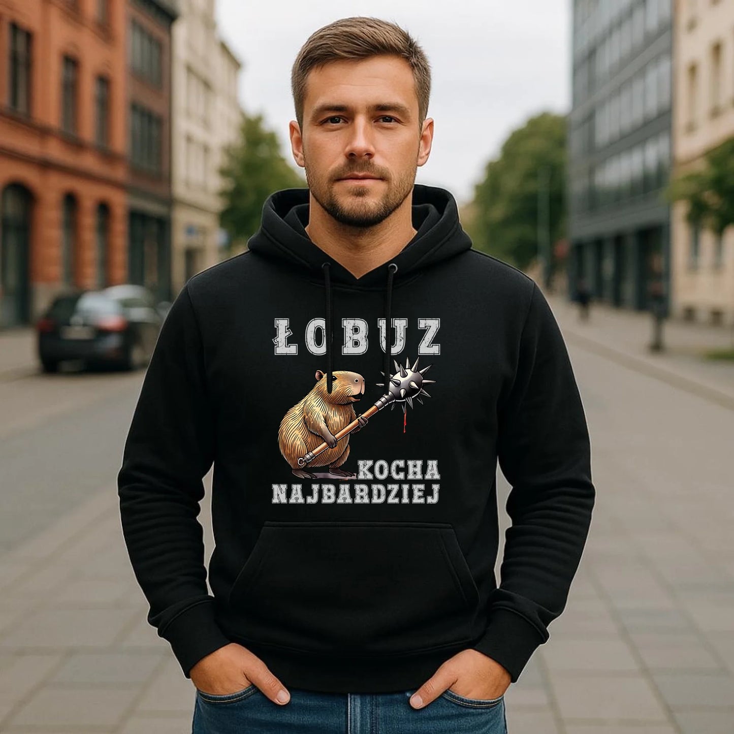 Bluza męska z kapturem - prezent dla chłopaka - Łobuz kapibara z maczugą DCH17 - StoryCups.pl