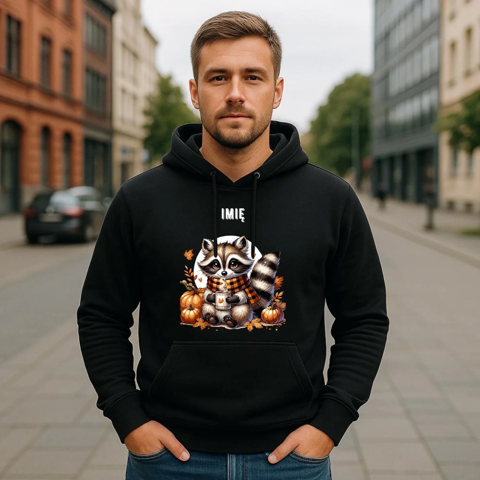 Bluza męska z kapturem jesienna – Szop z kawą i dyniami - personalizowana JS16 - StoryCups.pl