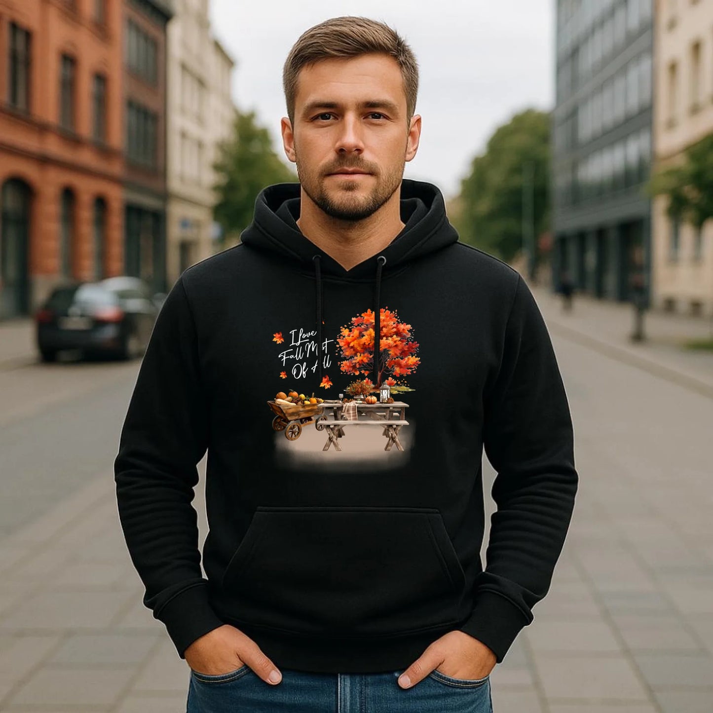 Bluza męska z kapturem jesienna – Jesienny piknik z dyniami JS04 - StoryCups.pl