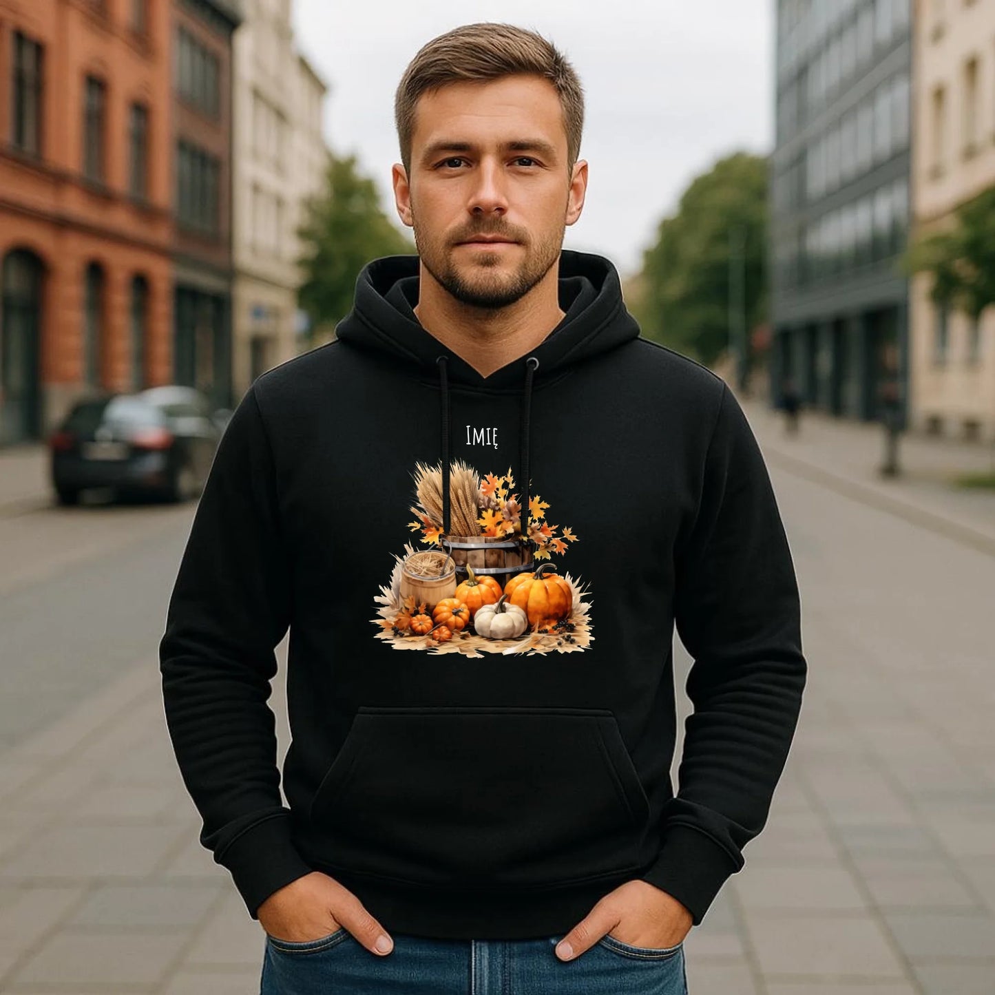 Bluza męska z kapturem na jesień - Harvest vibes - personalizowana JS09 - StoryCups.pl