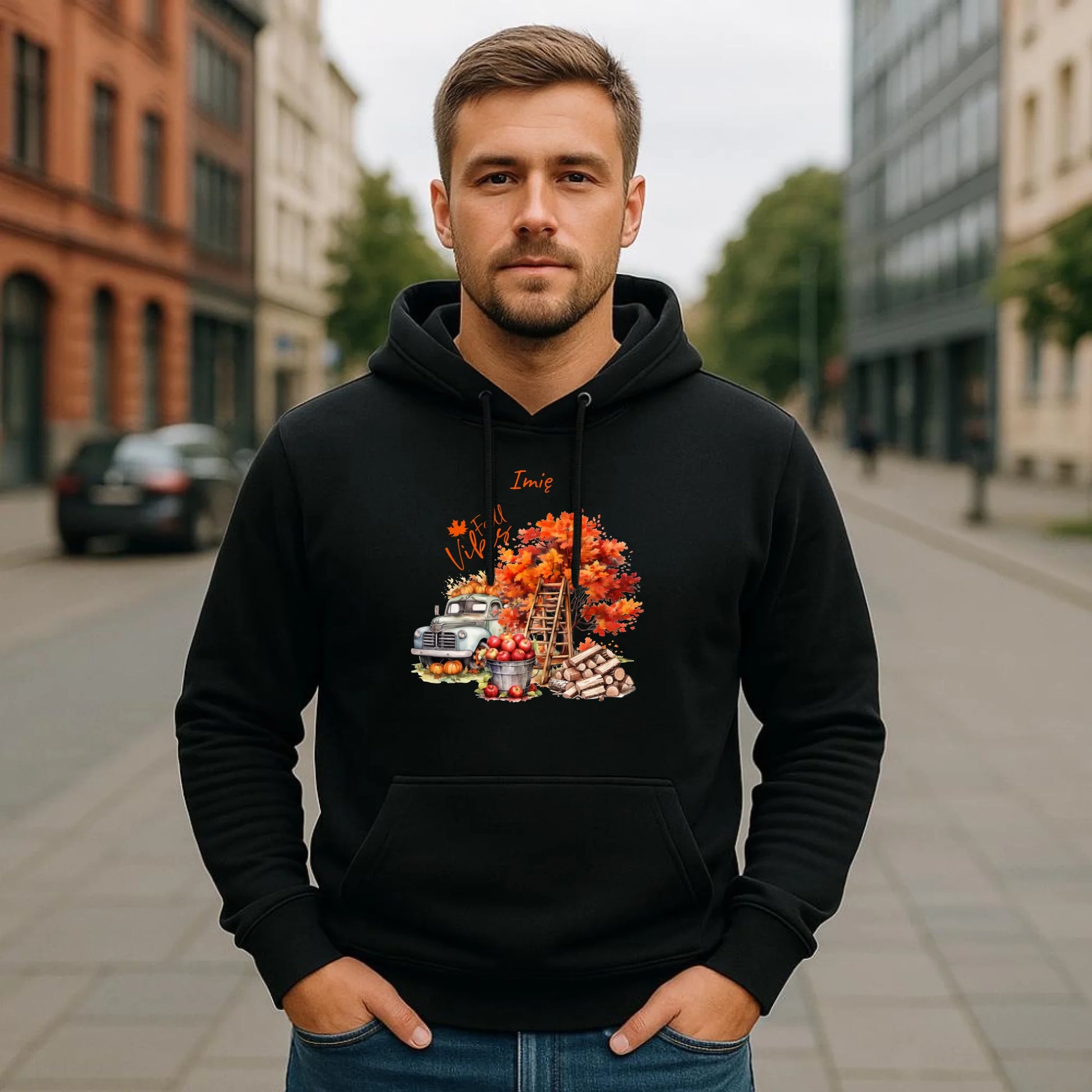Bluza męska z kapturem jesienna – Vintage auto dynie i jabłka – personalizowana JS07 - StoryCups.pl