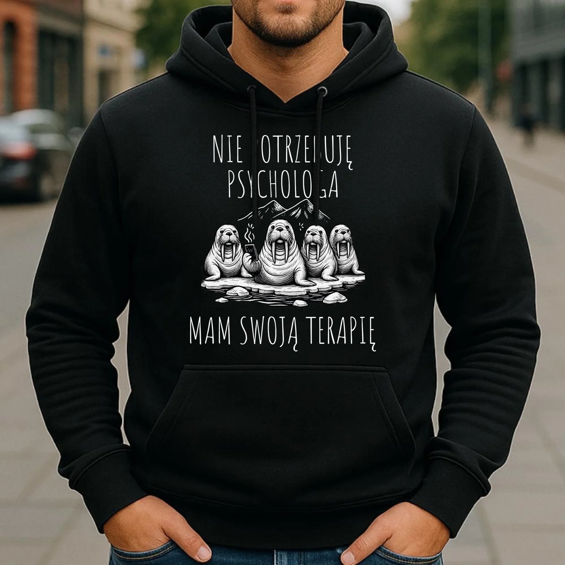 Bluza męska z kapturem - prezent dla morsa - Nie potrzebuję psychologa HM14 - StoryCups.pl