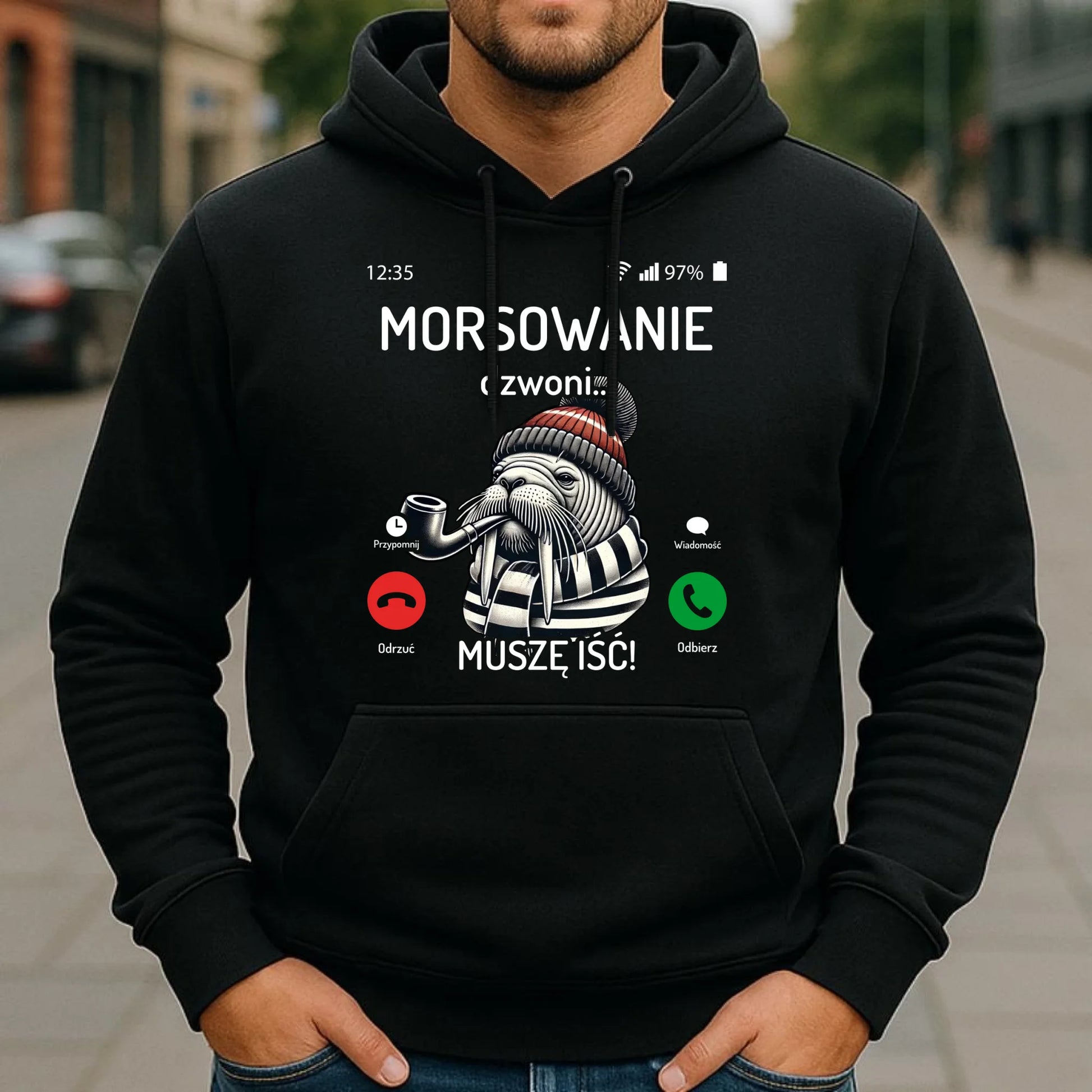 Bluza męska z kapturem - prezent dla morsa - Morsowanie dzwoni muszę iść - Mors HM19 - StoryCups.pl