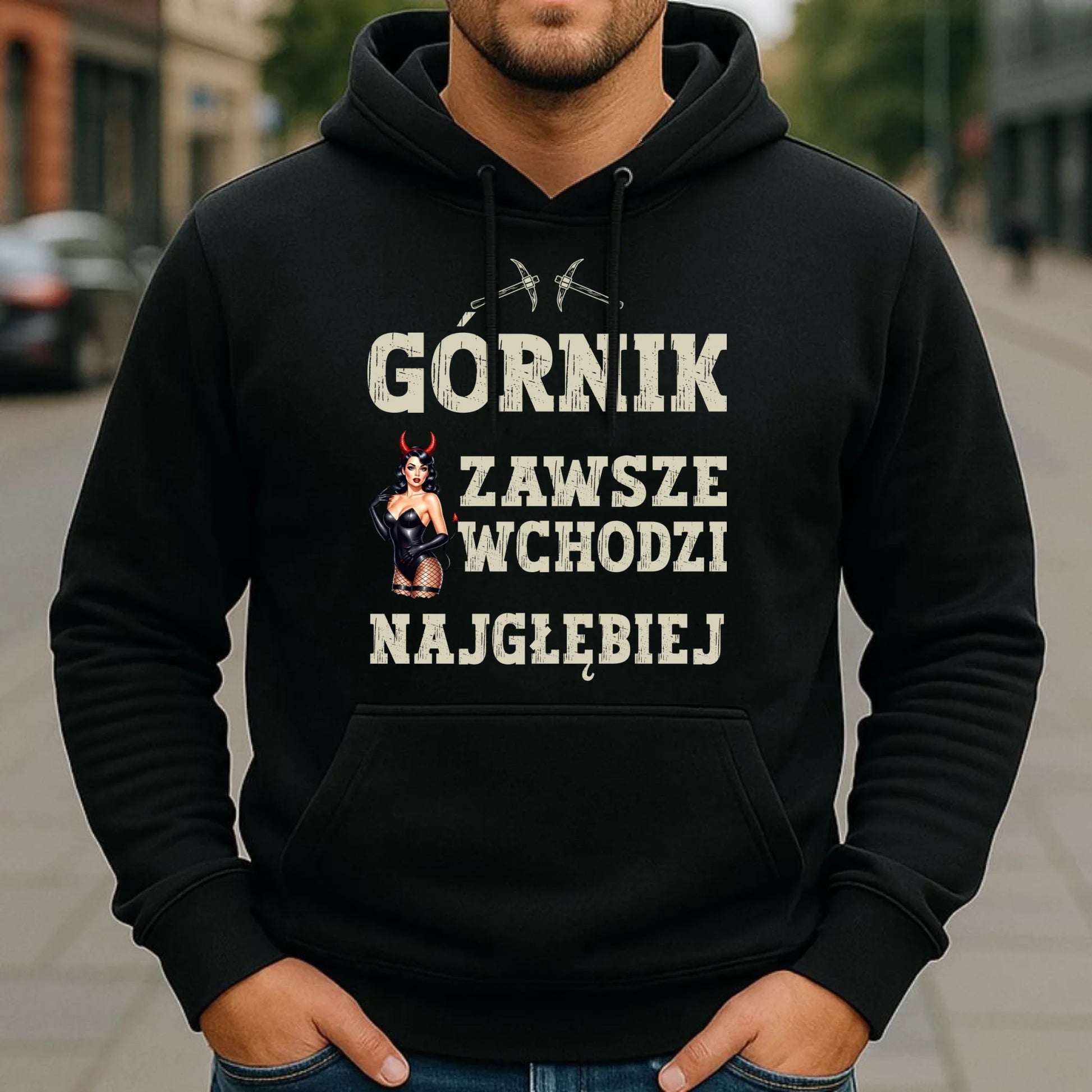 Bluza męska z kapturem - prezent dla górnika - Górnik zawsze wchodzi najgłębiej G22 - StoryCups.pl