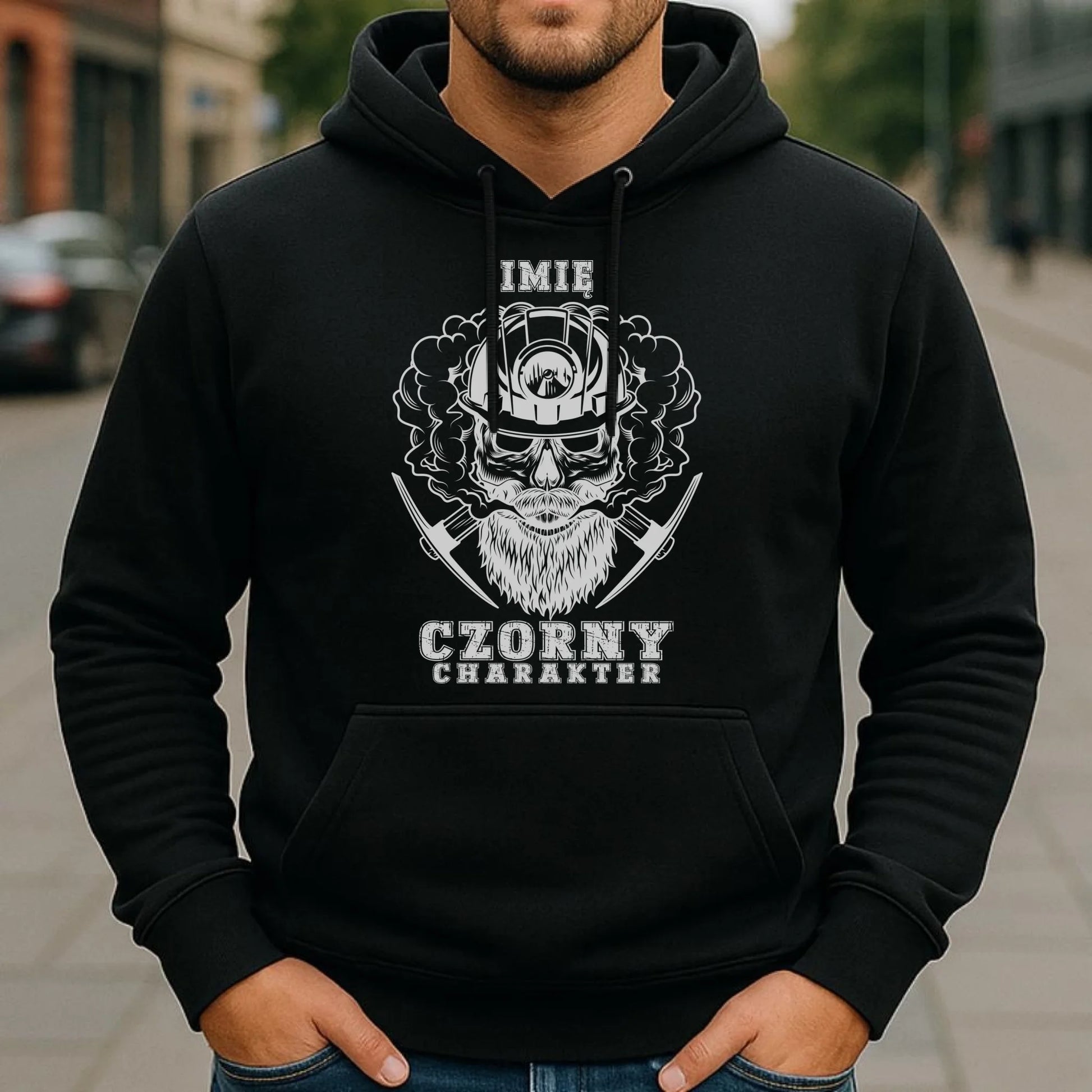 Bluza męska z kapturem - prezent dla górnika - Czorny charakter - personalizowana G06 - StoryCups.pl