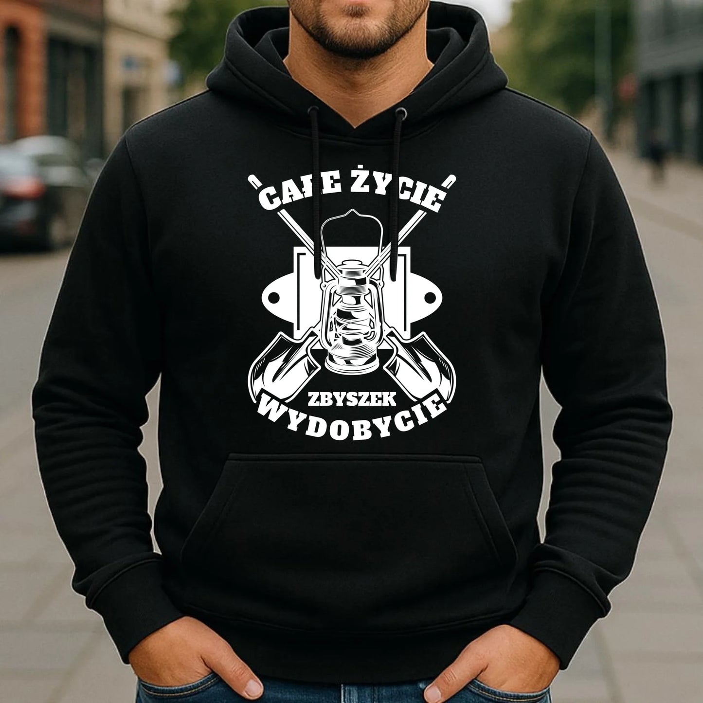 Bluza męska z kapturem - prezent dla górnika - Całe życie wydobycie - personalizowana G01 - StoryCups.pl