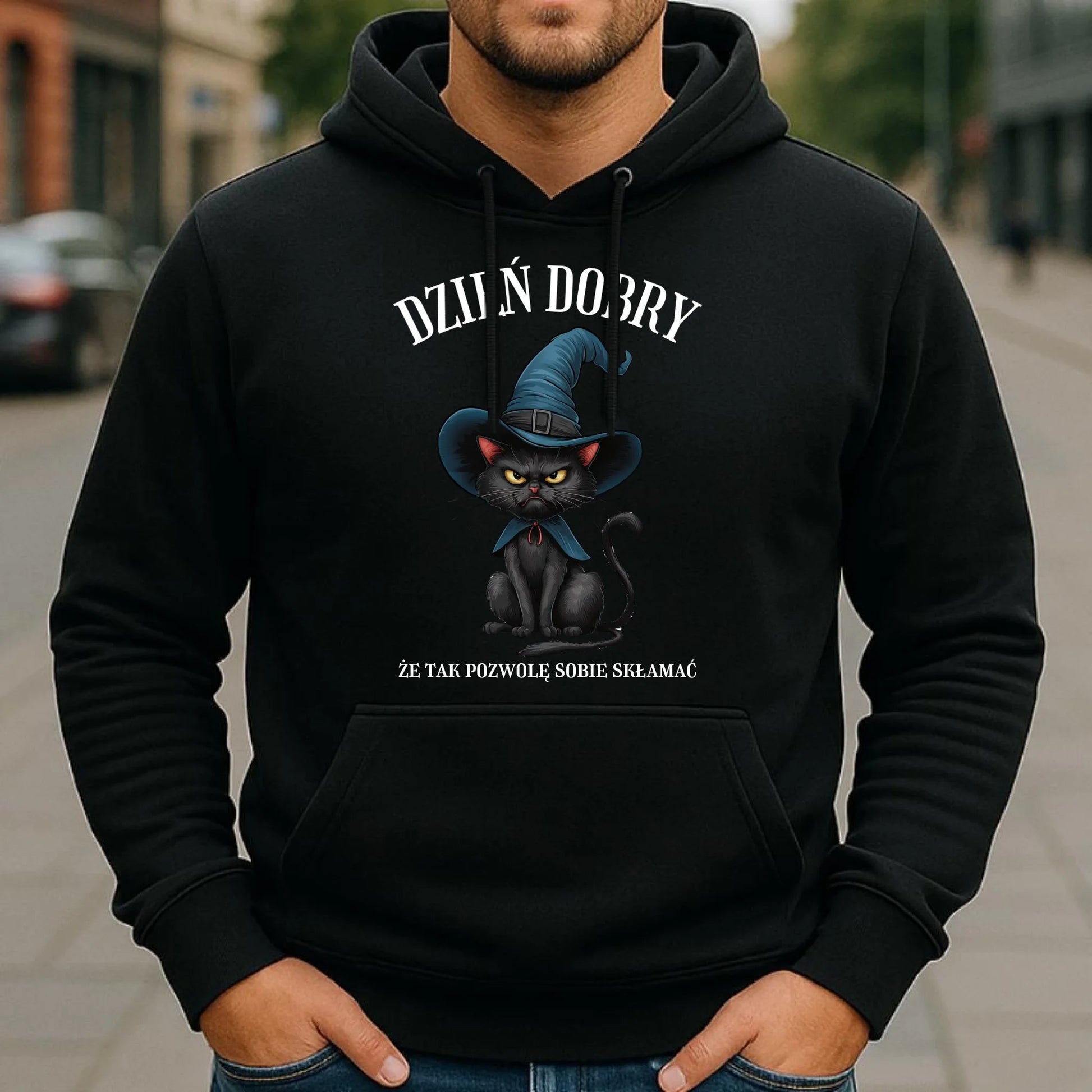 Bluza męska z kapturem halloweenowa - Dzień dobry, że tak pozwolę sobie skłamać HL27 - StoryCups.pl