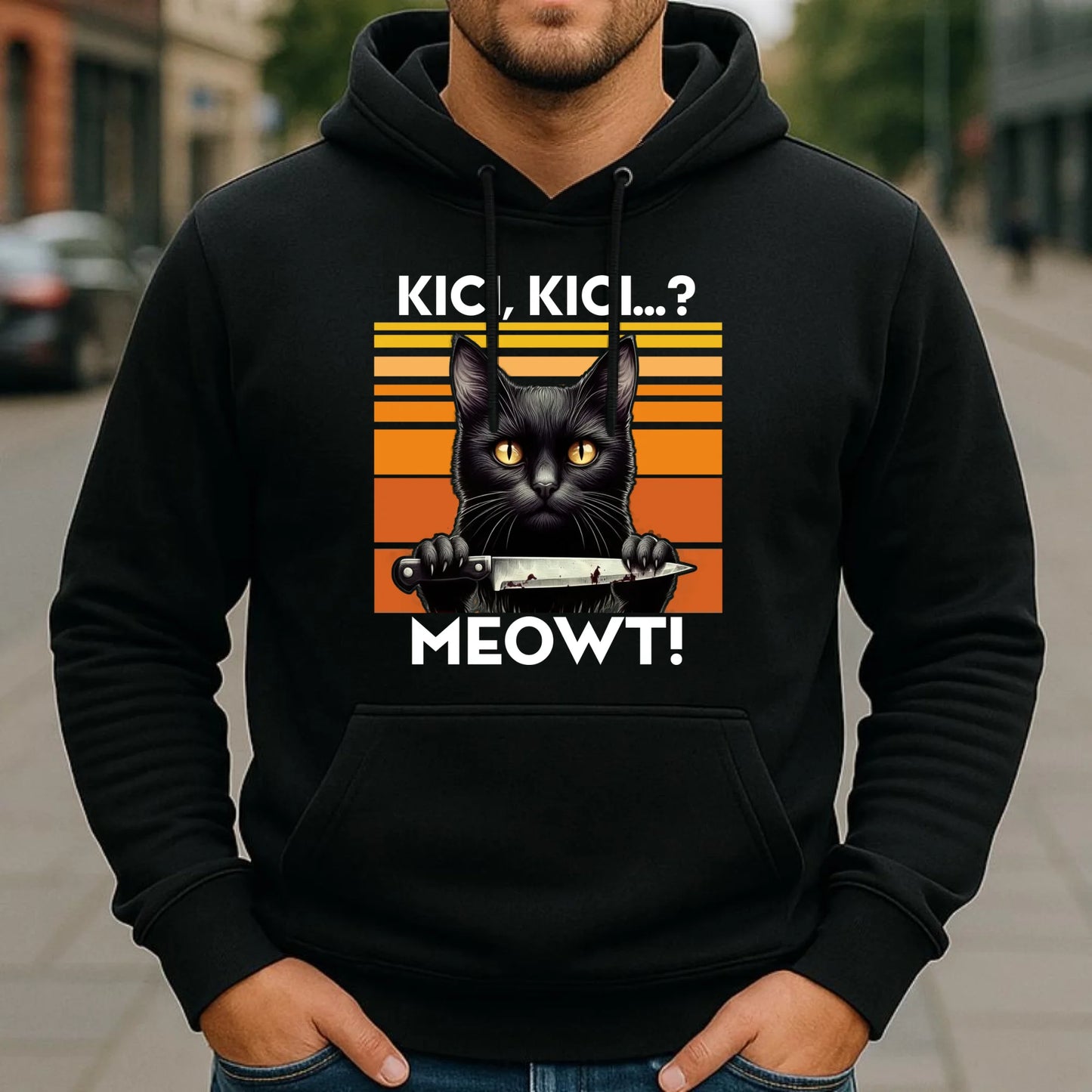 Bluza męska z kapturem - Kot z nożem - Kici, kici... MEOWT! HL17 - StoryCups.pl