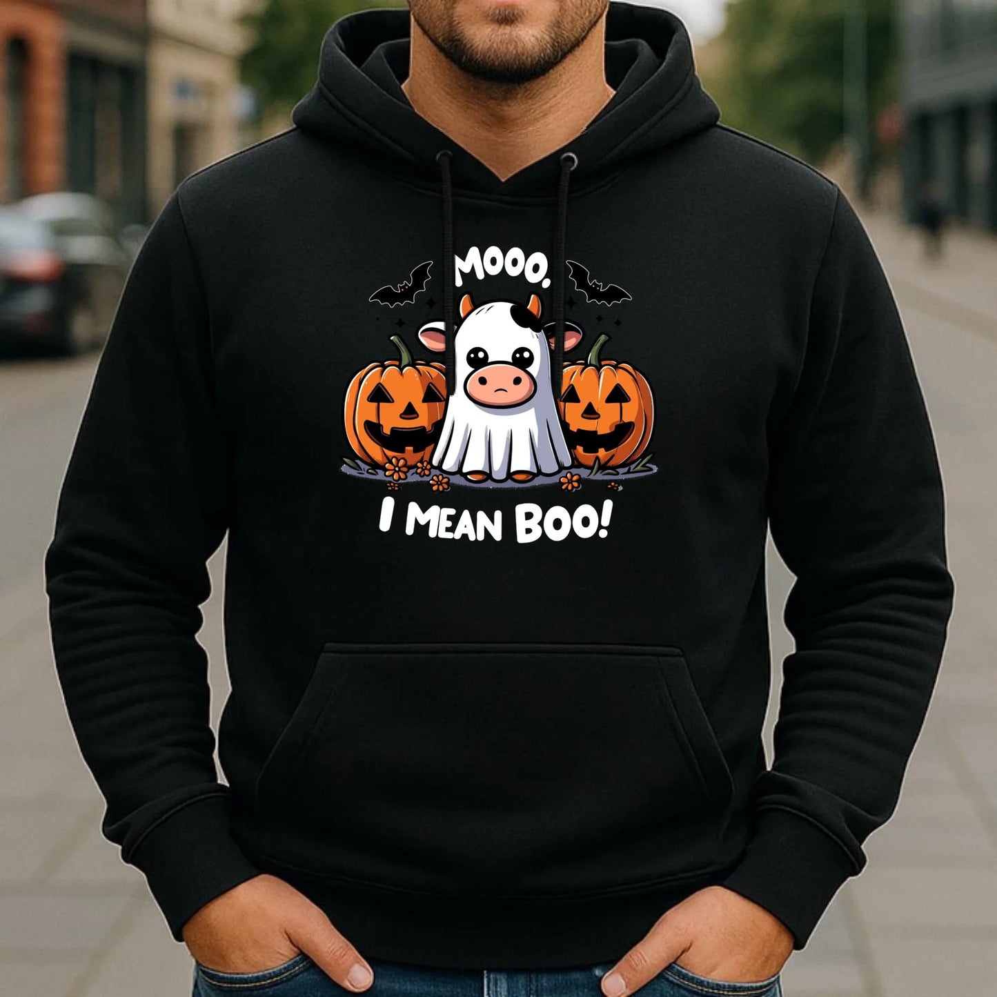 Bluza męska z kapturem na Halloween - Mooo I mean Boo! - z dynią i duchem HL14 - StoryCups.pl