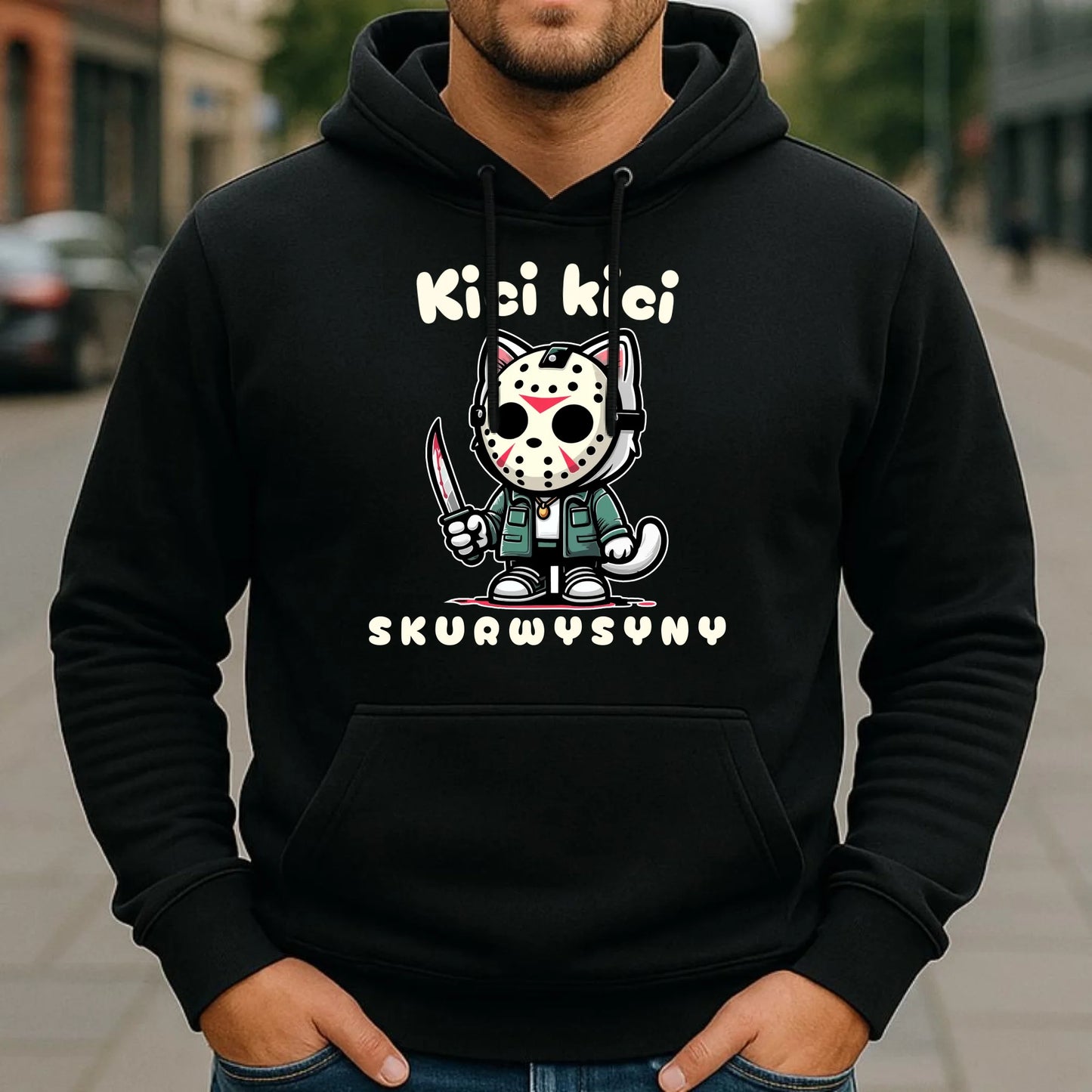 Bluza męska z kapturem na Halloween - Kici kici sk*rwysyny - bez cenzury HL28 - StoryCups.pl
