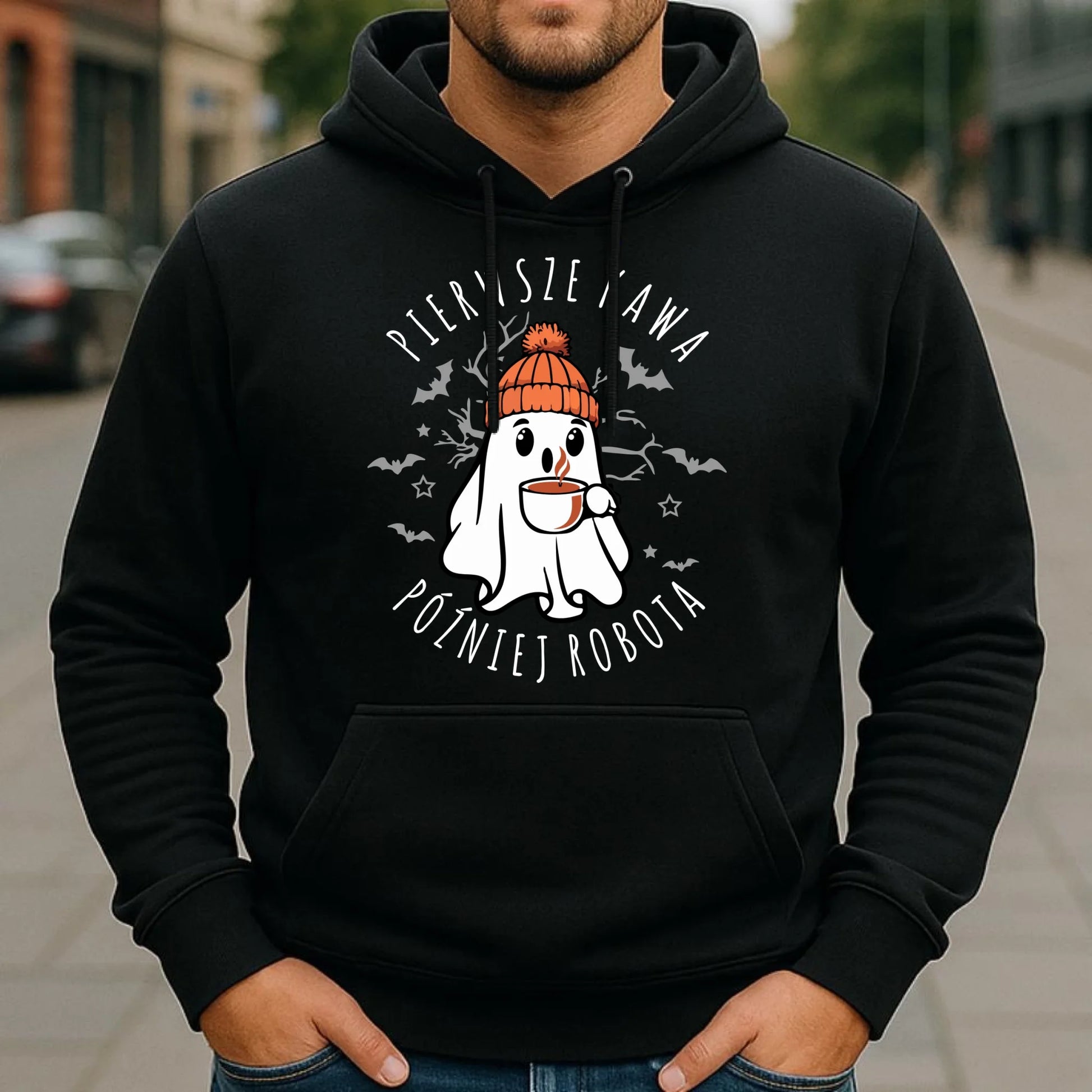 Bluza męska z kapturem na Halloween - Duch z kawą - Pierwsze kawa później robota HL01 - StoryCups.pl