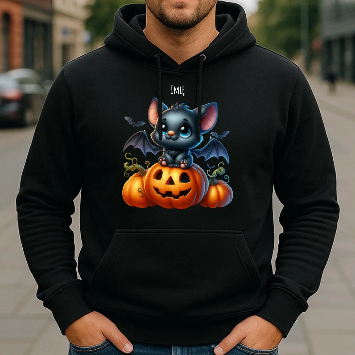 Bluza męska z kapturem halloweenowa - Słodki nietoperz z dynią - personalizowana HL09 - StoryCups.pl