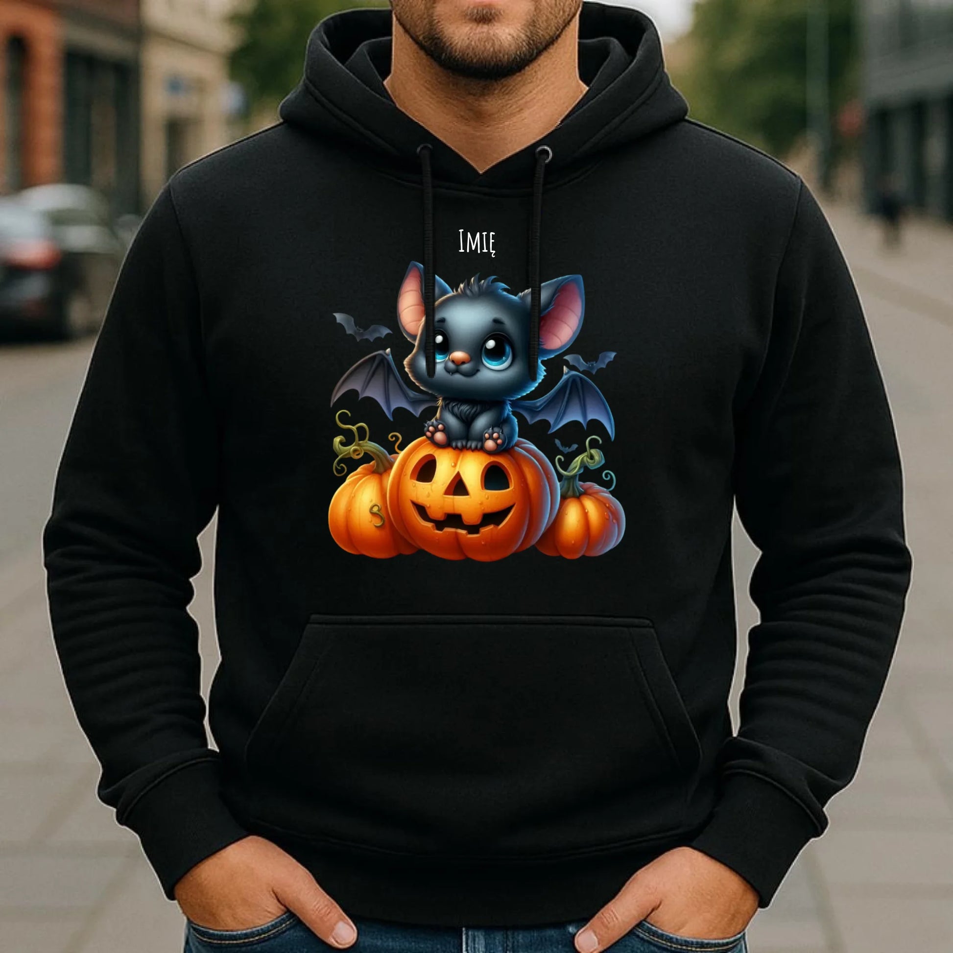 Bluza męska z kapturem halloweenowa - Słodki nietoperz z dynią - personalizowana HL09 - StoryCups.pl