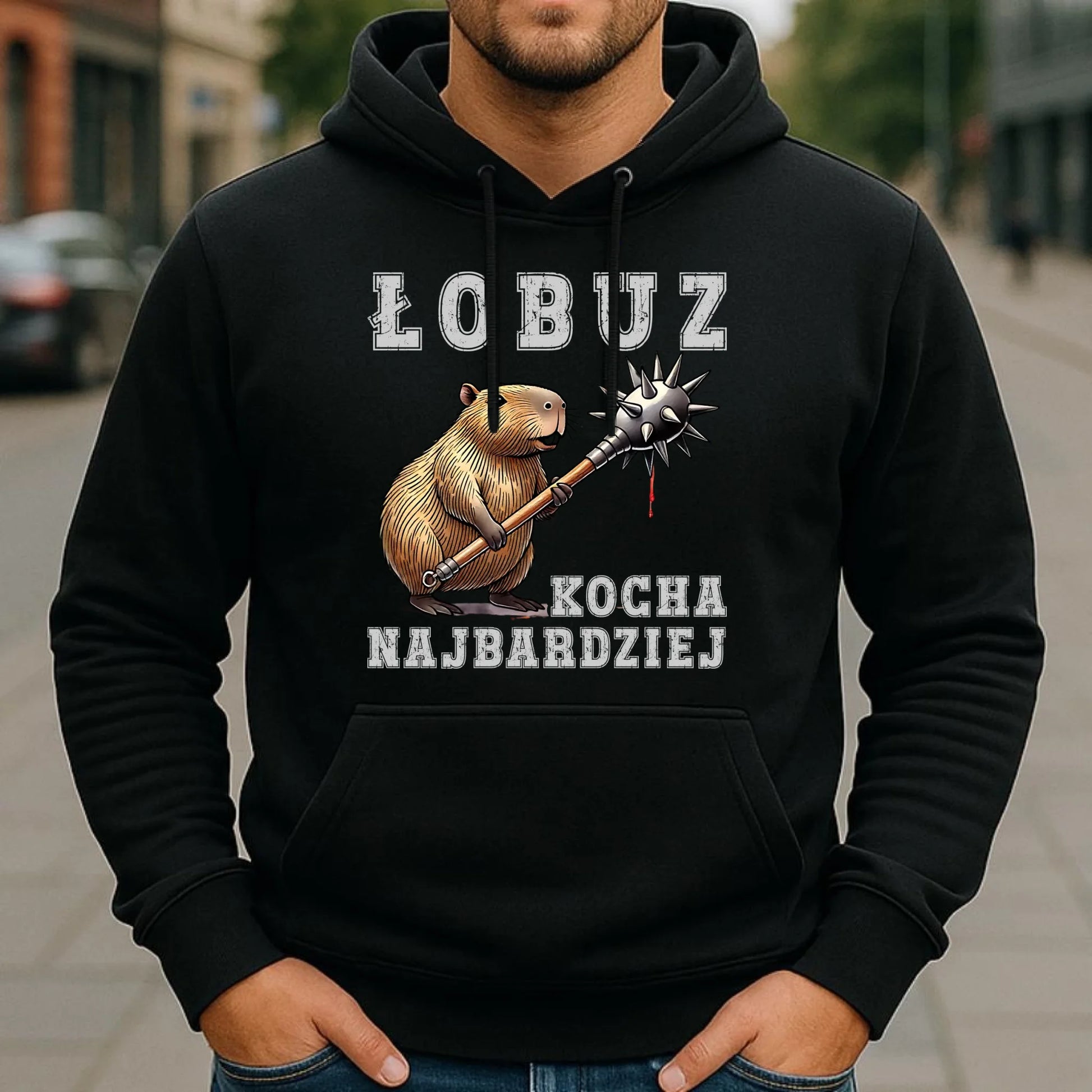 Bluza męska z kapturem - prezent dla chłopaka - Łobuz kapibara z maczugą DCH17 - StoryCups.pl
