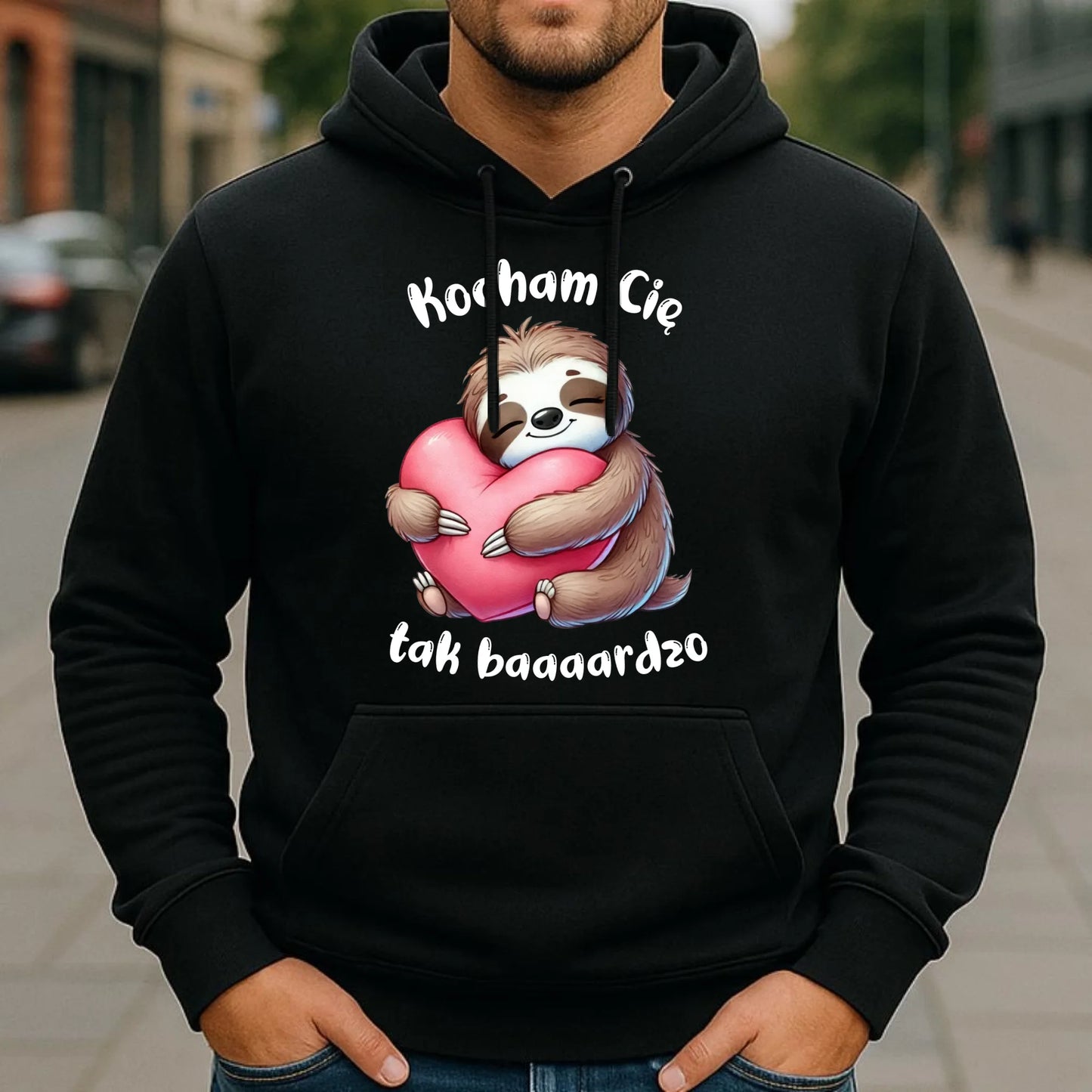 Bluza męska z kapturem - Leniwiec Kocham Cię tak baaaardzo W16 - StoryCups.pl