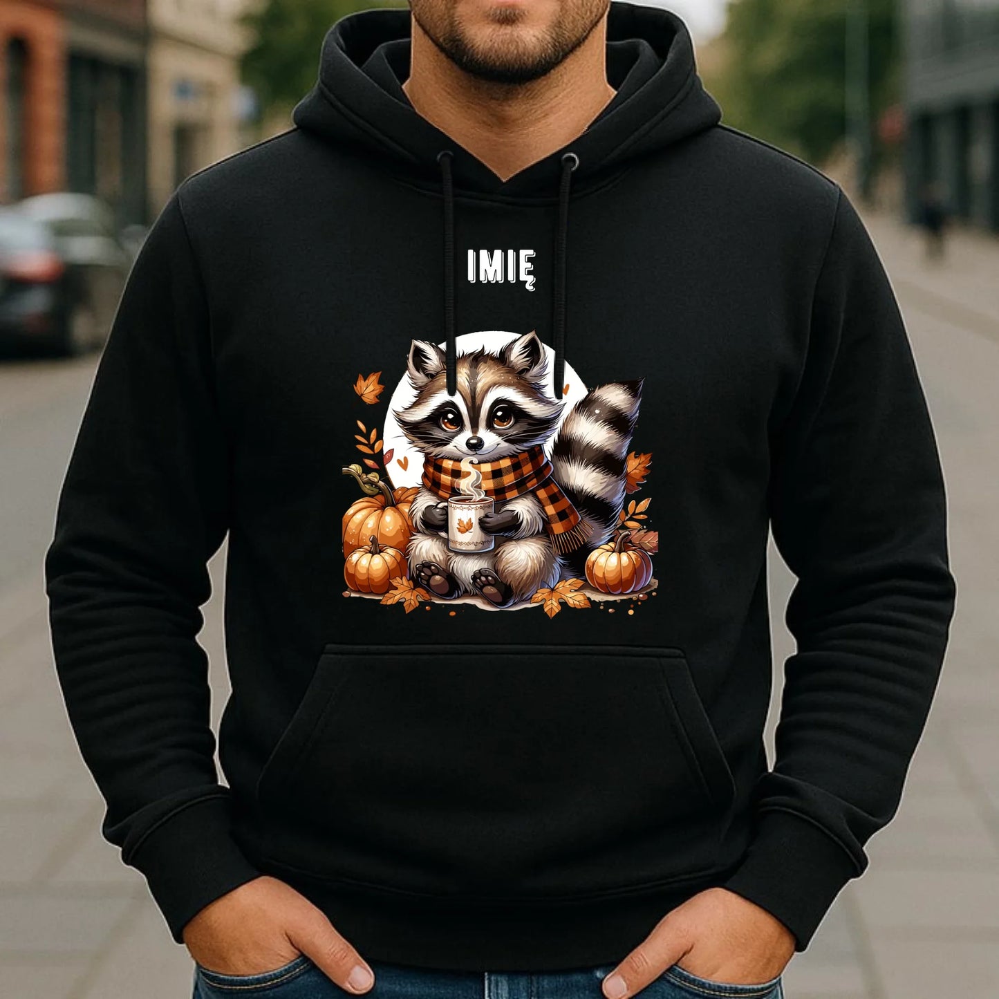 Bluza męska z kapturem jesienna – Szop z kawą i dyniami - personalizowana JS16 - StoryCups.pl