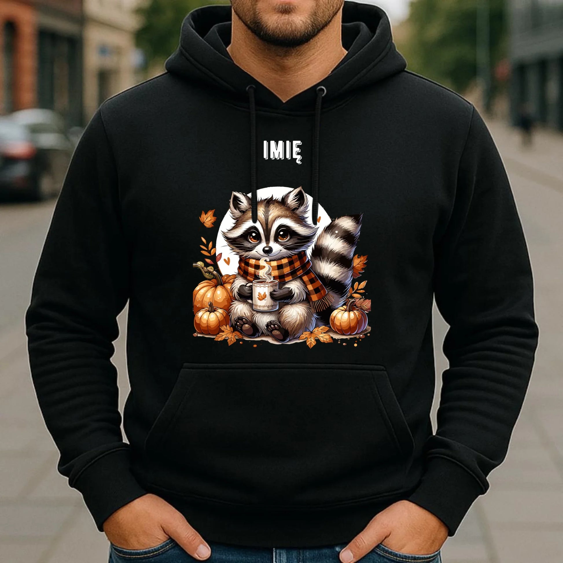 Bluza męska z kapturem jesienna – Szop z kawą i dyniami - personalizowana JS16 - StoryCups.pl