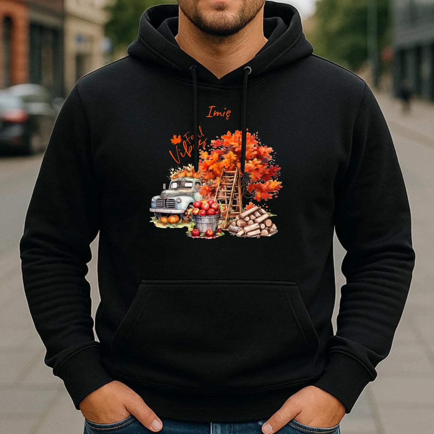 Bluza męska z kapturem jesienna – Vintage auto dynie i jabłka – personalizowana JS07 - StoryCups.pl