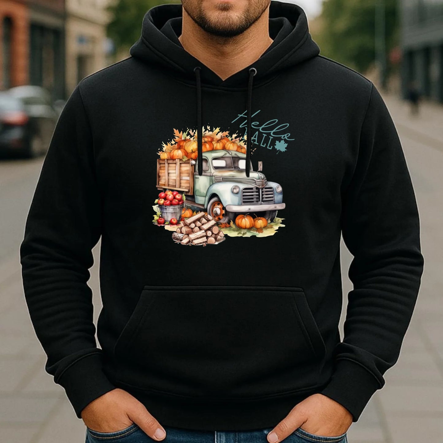 Bluza męska z kapturem jesienna – Hello Fall ciężarówka z dyniami JS08 - StoryCups.pl