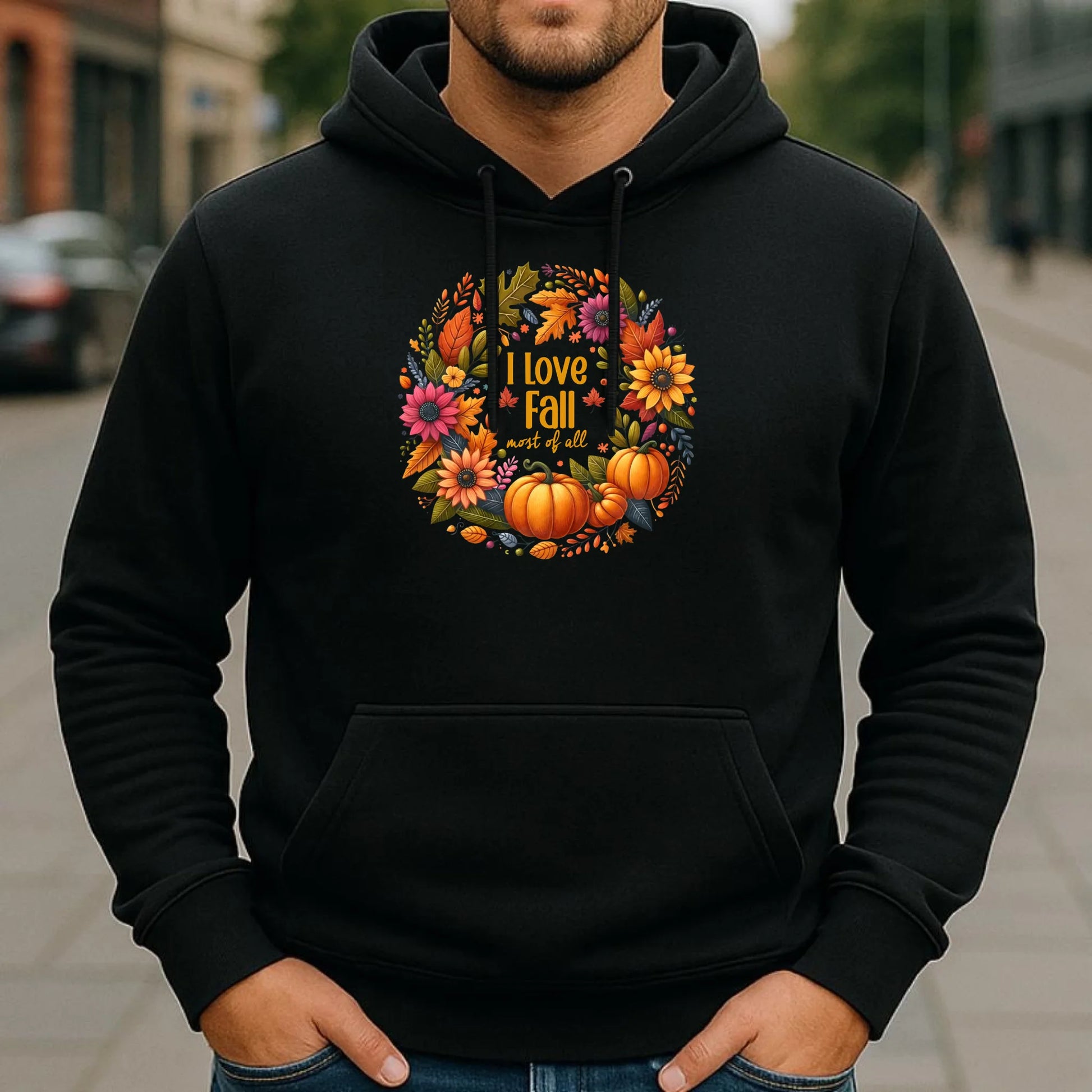 Bluza męska z kapturem jesienna - Kocham jesień - dynia z liśćmi JS03 - StoryCups.pl