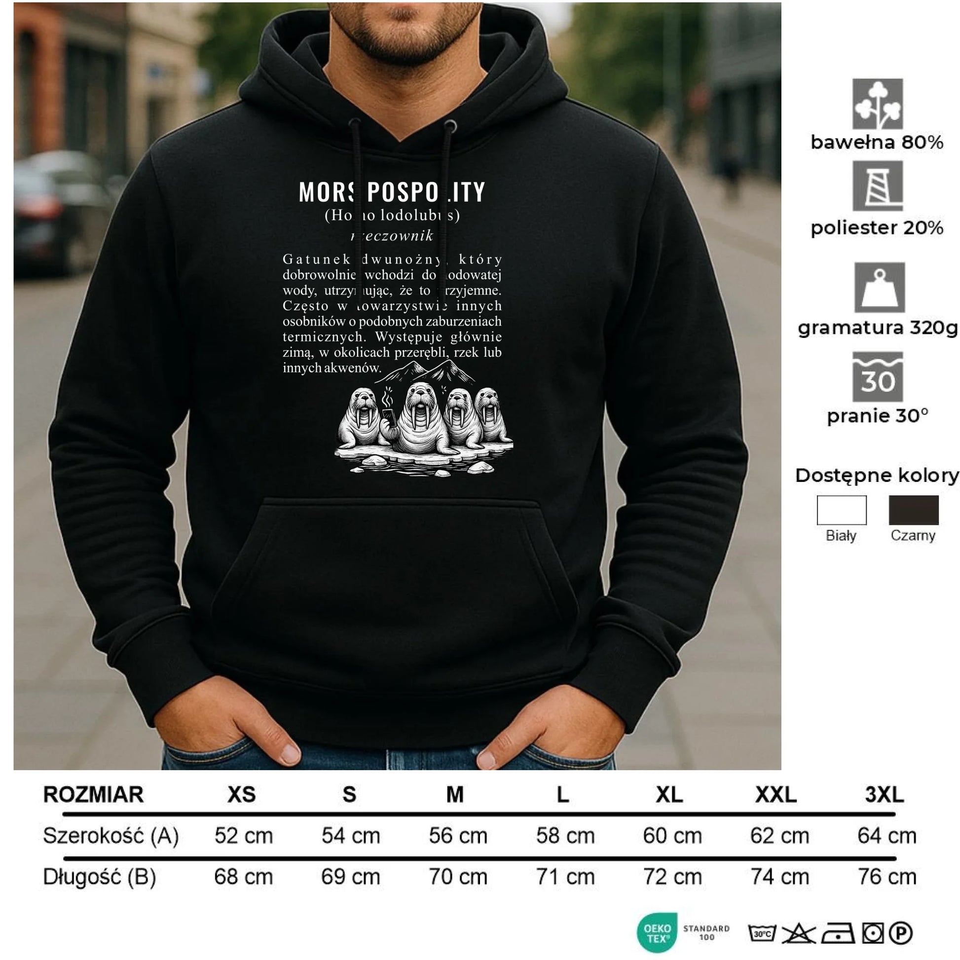 Bluza męska z kapturem - prezent dla morsa - Mors pospolity [Homo lodolubus] HM12 - StoryCups.pl