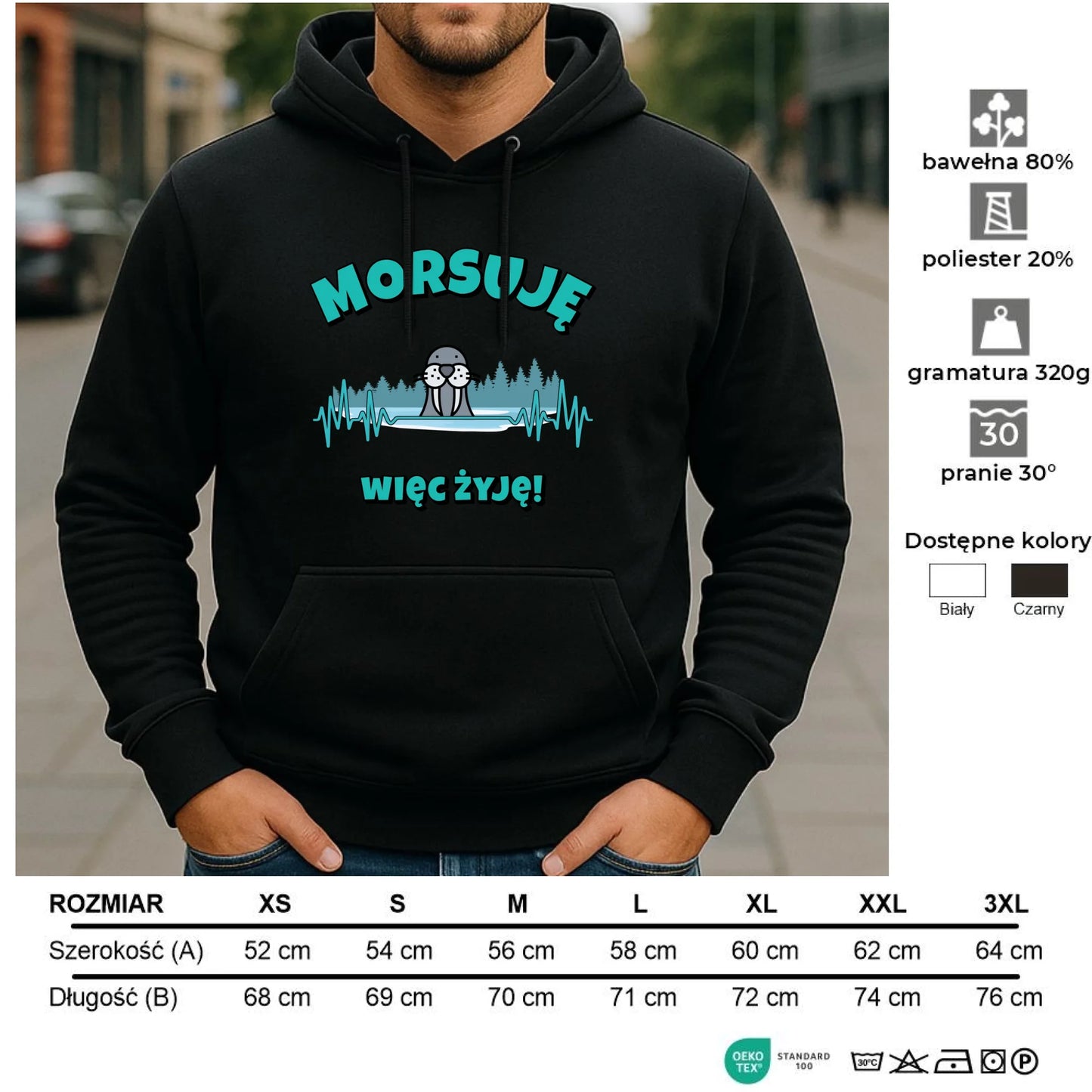 Bluza męska z kapturem - prezent dla morsa - Morsuję więc żyję - Mors HM02 - StoryCups.pl