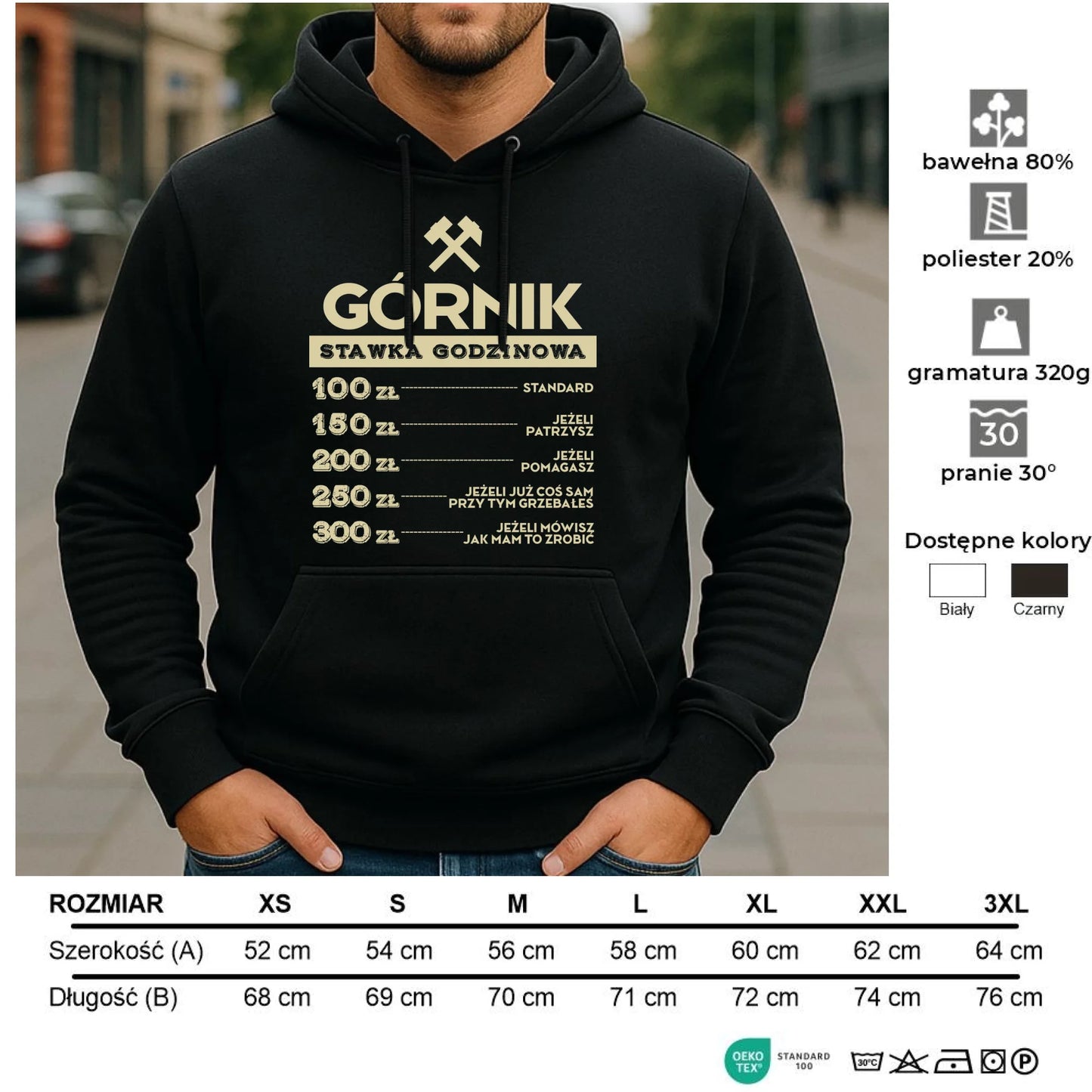 Bluza męska z kapturem - prezent dla górnika - Górnik stawka godzinowa G14 - StoryCups.pl