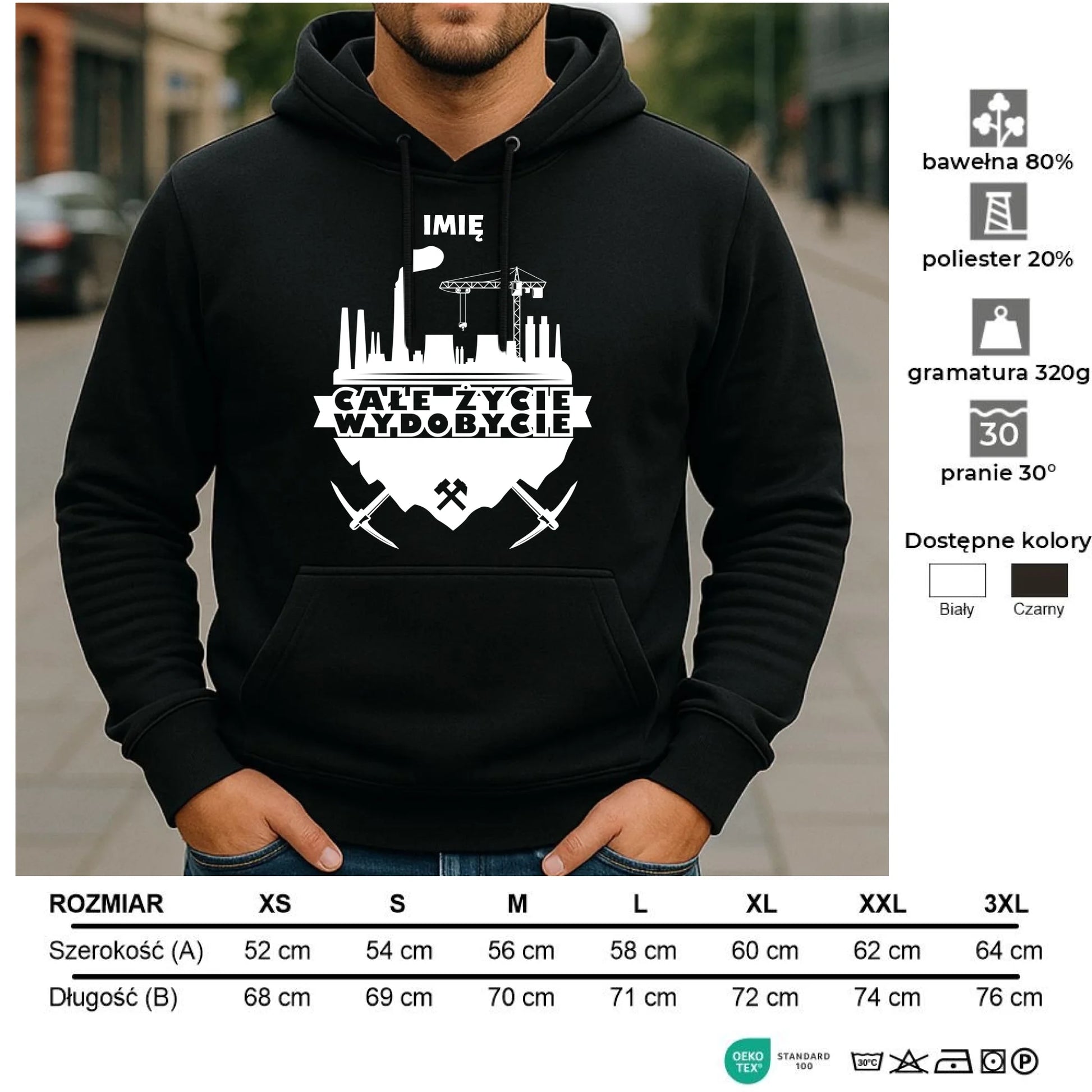 Bluza męska z kapturem - prezent dla górnika - Całe życie wydobycie - personalizowana G09 - StoryCups.pl