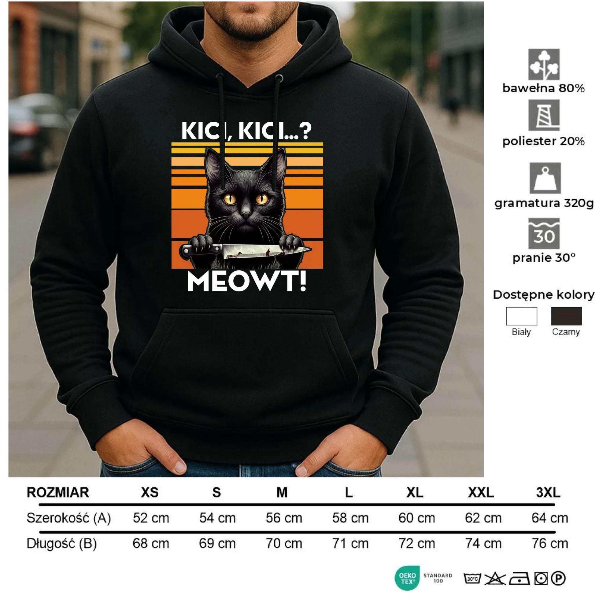 Bluza męska z kapturem - Kot z nożem - Kici, kici... MEOWT! HL17 - StoryCups.pl