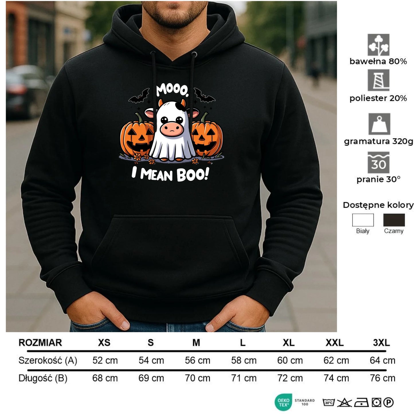 Bluza męska z kapturem na Halloween - Mooo I mean Boo! - z dynią i duchem HL14 - StoryCups.pl