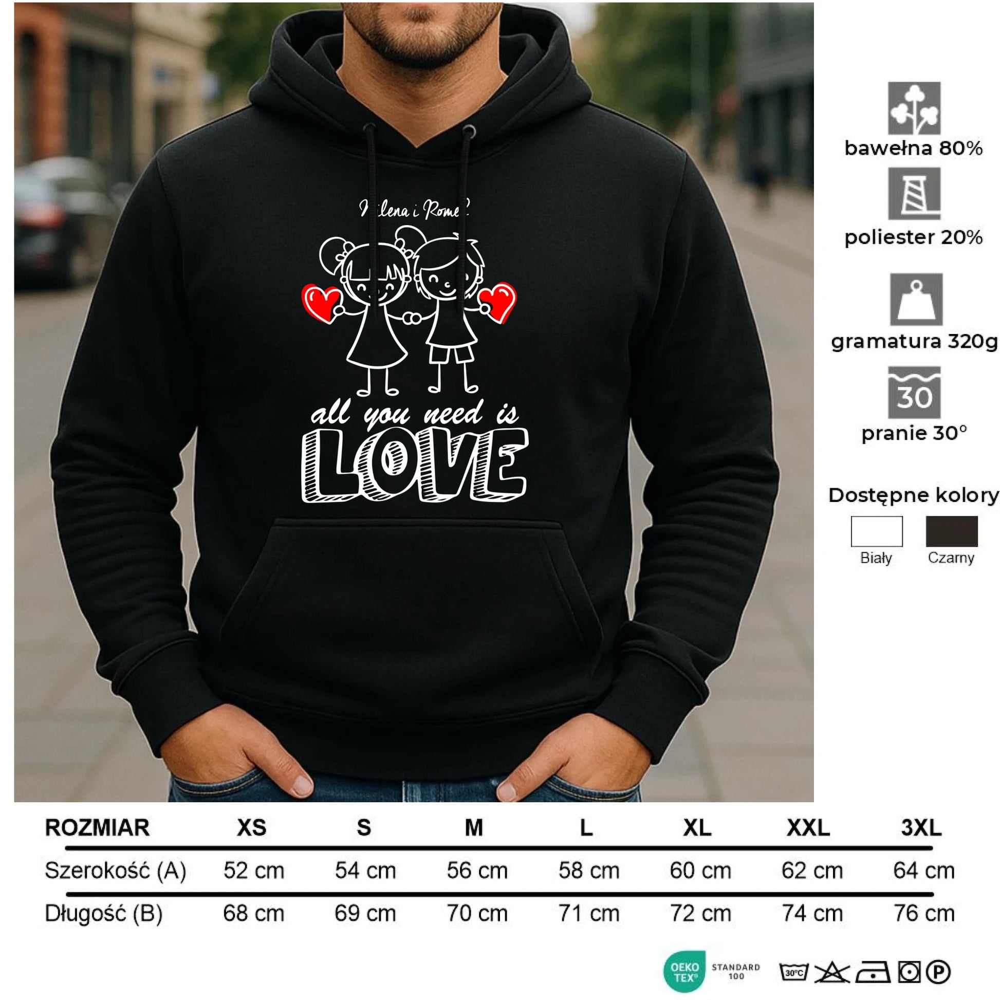 Bluza męska z kapturem dla par - prezent dla chłopaka - Love - personalizowana W13 - StoryCups.pl