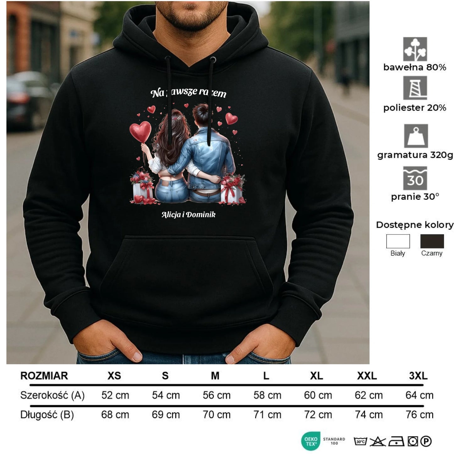 Bluza męska z kapturem dla par - prezent dla chłopaka - Na zawsze razem - personalizowana W07 - StoryCups.pl