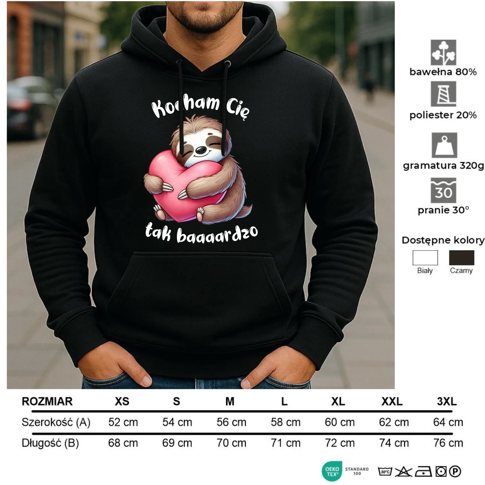 Bluza męska z kapturem - Leniwiec Kocham Cię tak baaaardzo W16 - StoryCups.pl