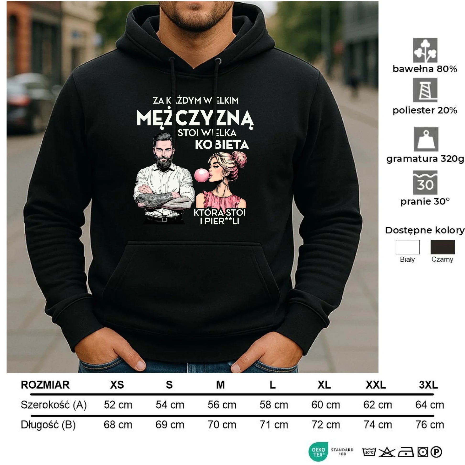 Bluza męska z kapturem - Za każdym wielkim mężczyzną stoi wielka kobieta DCH27 - StoryCups.pl