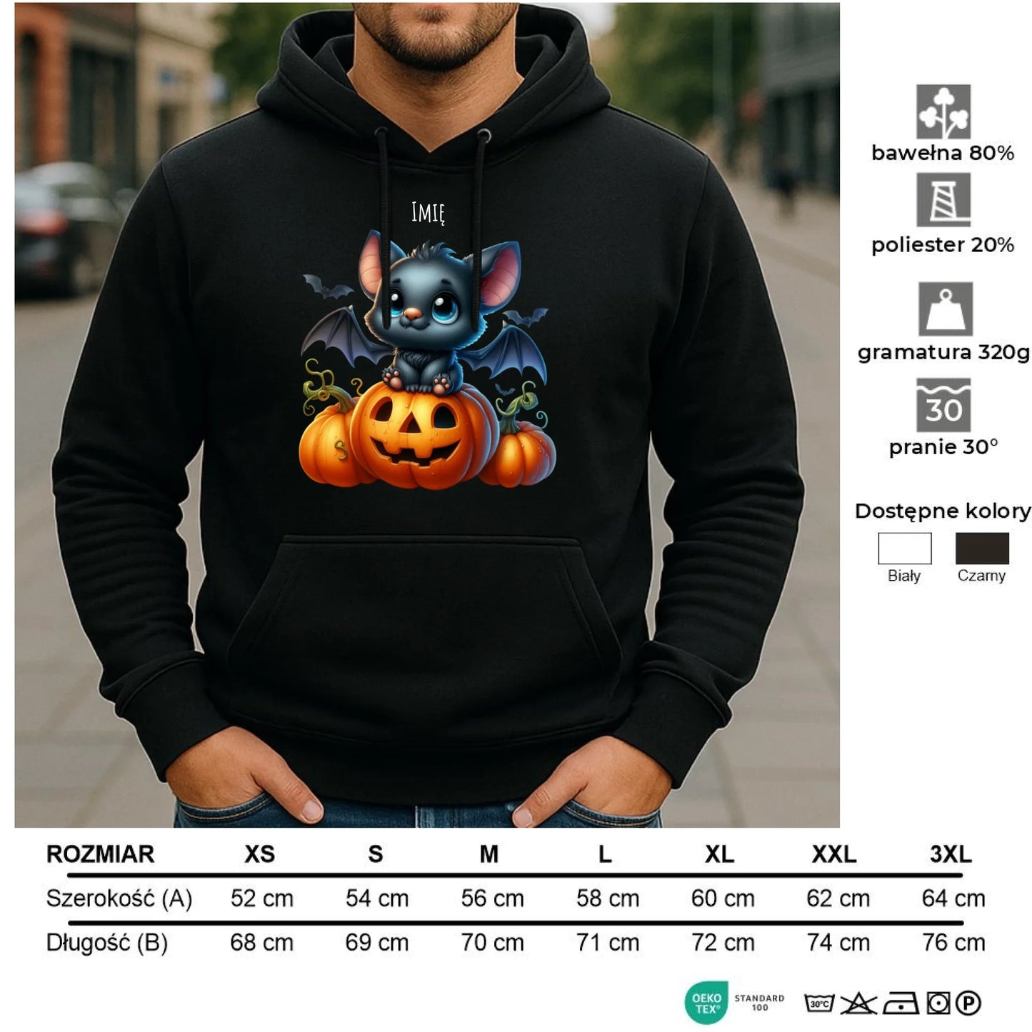 Bluza męska z kapturem halloweenowa - Słodki nietoperz z dynią - personalizowana HL09 - StoryCups.pl