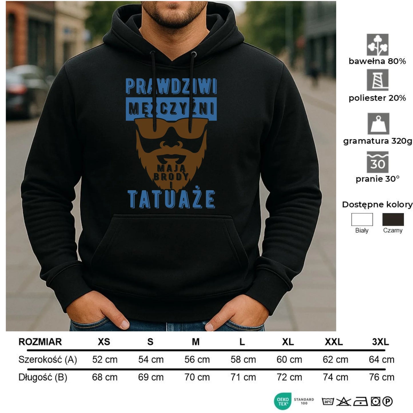 Bluza męska z kapturem - Prezent dla faceta - Prawdziwi mężczyźni mają brody i tatuaże DCH22 - StoryCups.pl