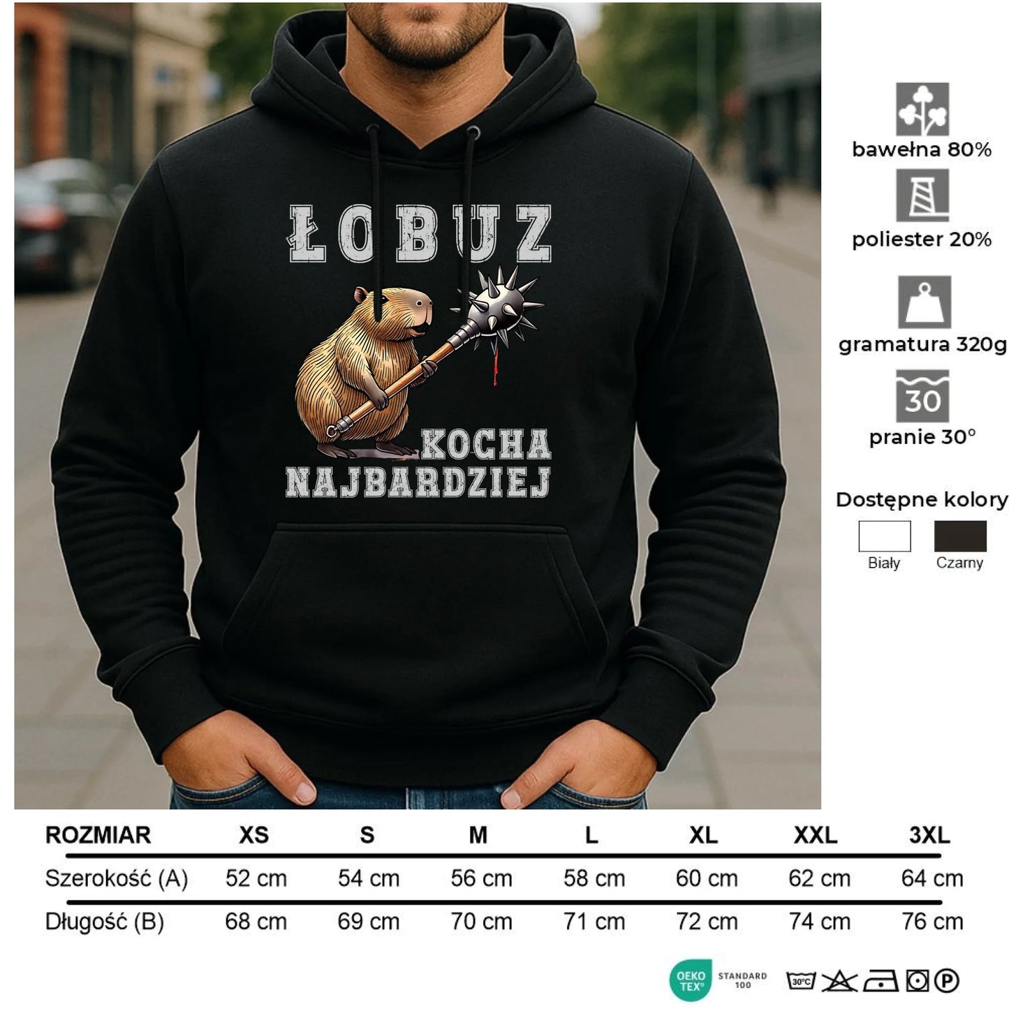 Bluza męska z kapturem - prezent dla chłopaka - Łobuz kapibara z maczugą DCH17 - StoryCups.pl
