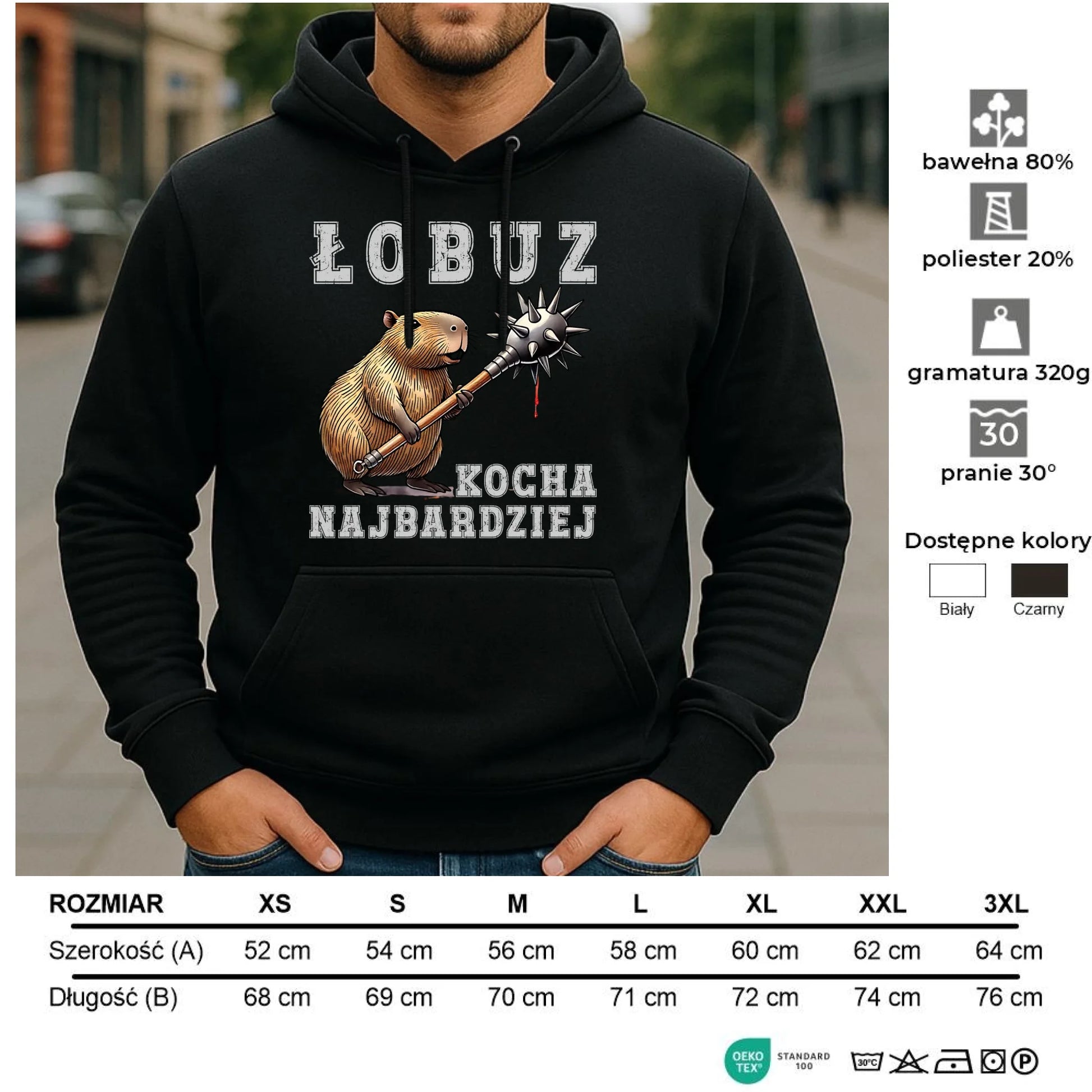 Bluza męska z kapturem - prezent dla chłopaka - Łobuz kapibara z maczugą DCH17 - StoryCups.pl