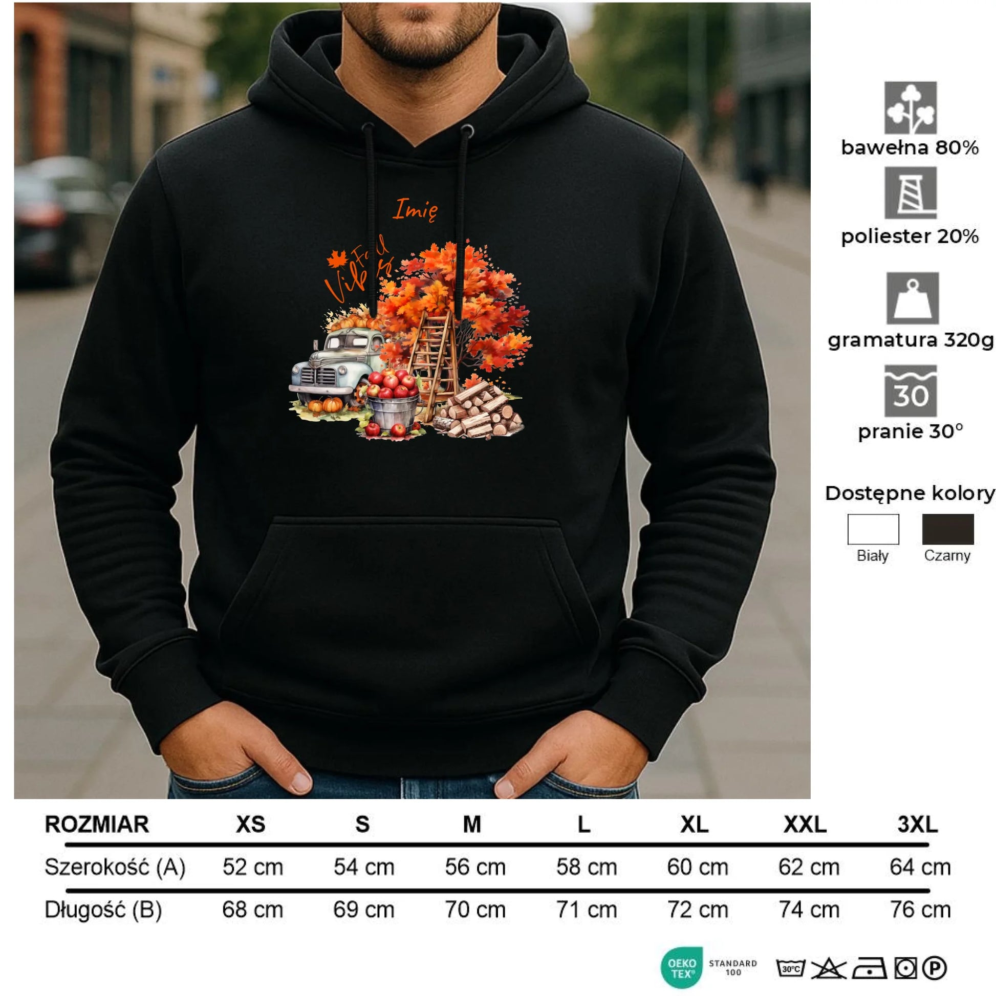 Bluza męska z kapturem jesienna – Vintage auto dynie i jabłka – personalizowana JS07 - StoryCups.pl