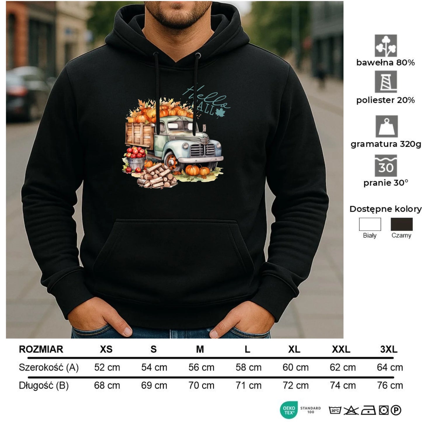 Bluza męska z kapturem jesienna – Hello Fall ciężarówka z dyniami JS08 - StoryCups.pl