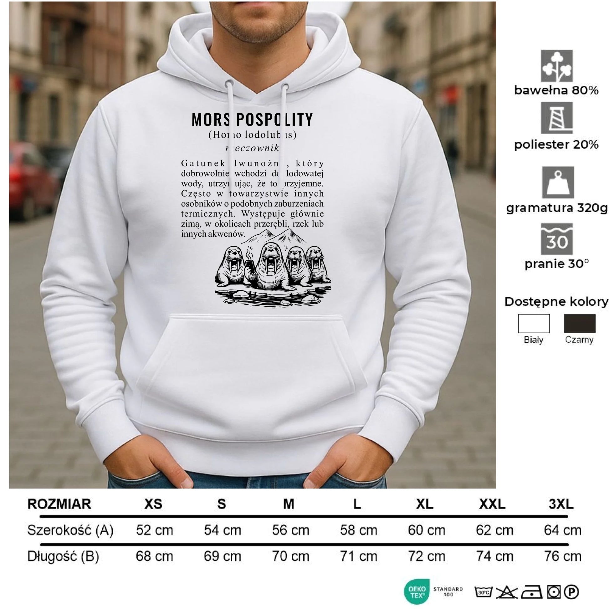 Bluza męska z kapturem - prezent dla morsa - Mors pospolity [Homo lodolubus] HM12 - StoryCups.pl