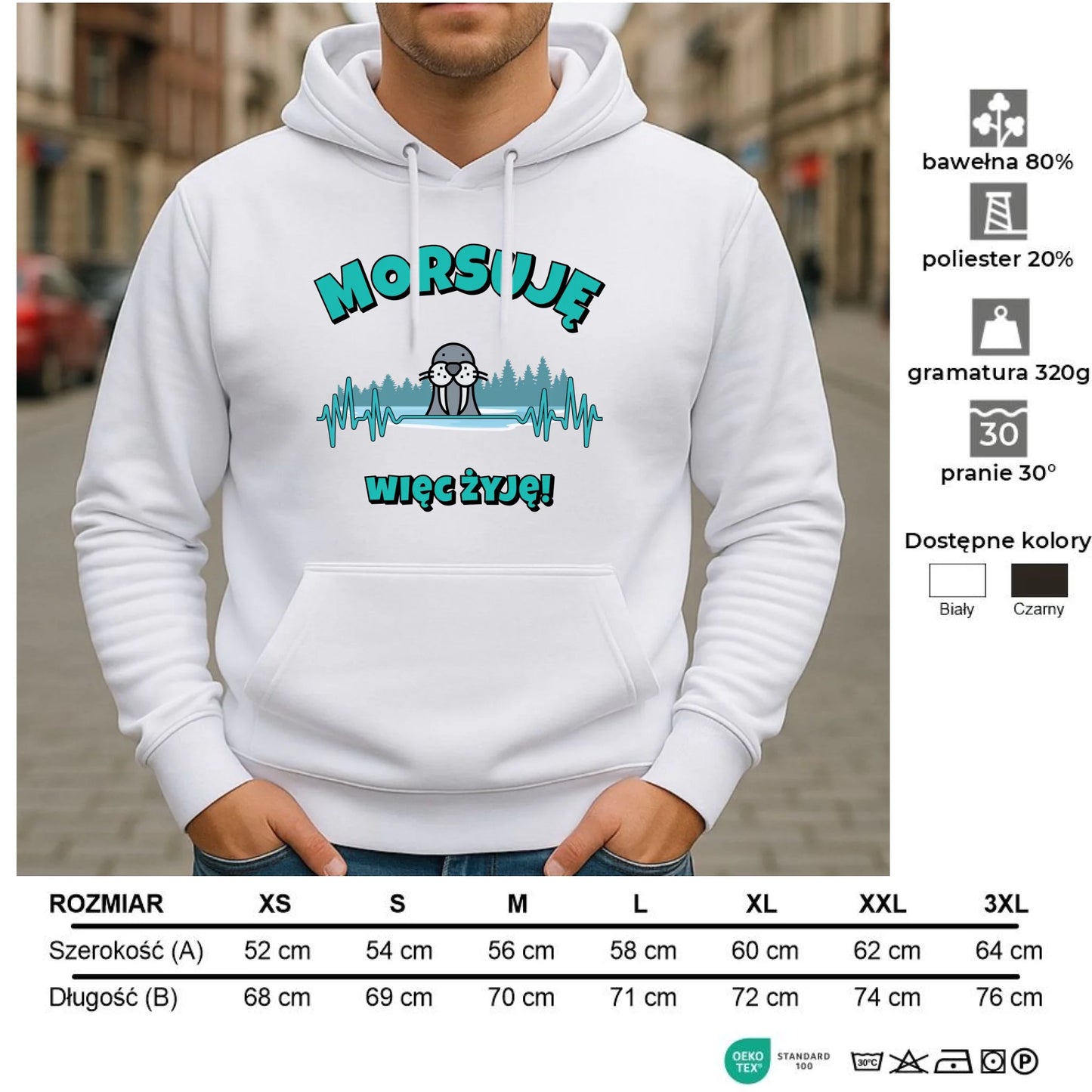 Bluza męska z kapturem - prezent dla morsa - Morsuję więc żyję - Mors HM02 - StoryCups.pl